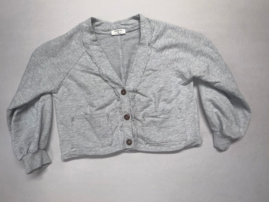 Zenana Cropped Gray Button Cardigan - Women's Medium - 100% Cotton Lightweight Sweater