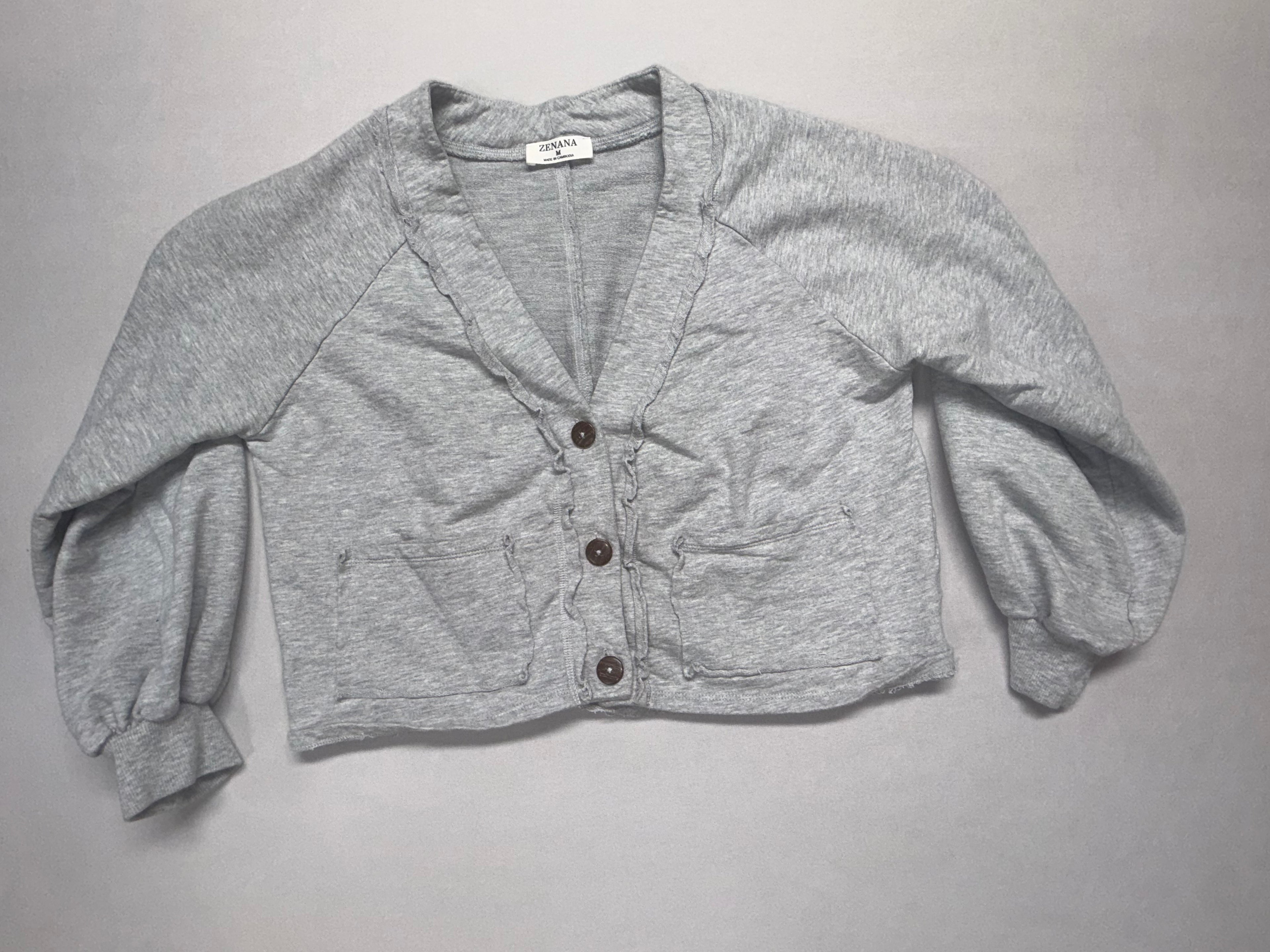 Zenana Cropped Gray Button Cardigan - Women's Medium - 100% Cotton Lightweight Sweater