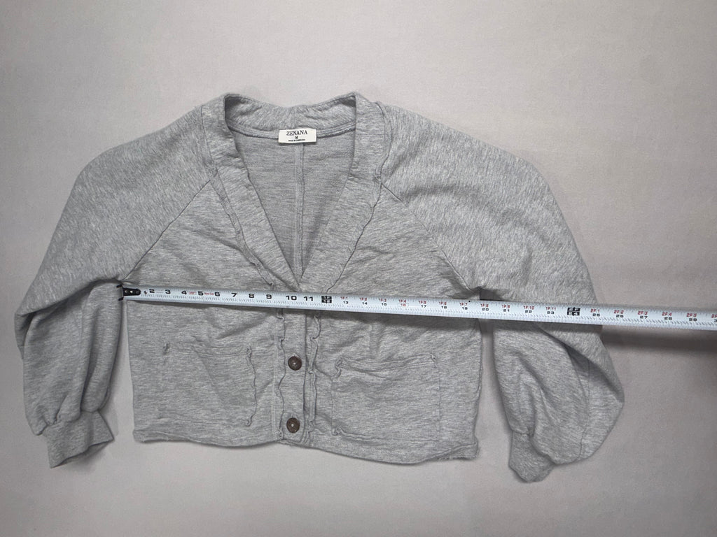 Zenana Cropped Gray Button Cardigan - Women's Medium - 100% Cotton Lightweight Sweater