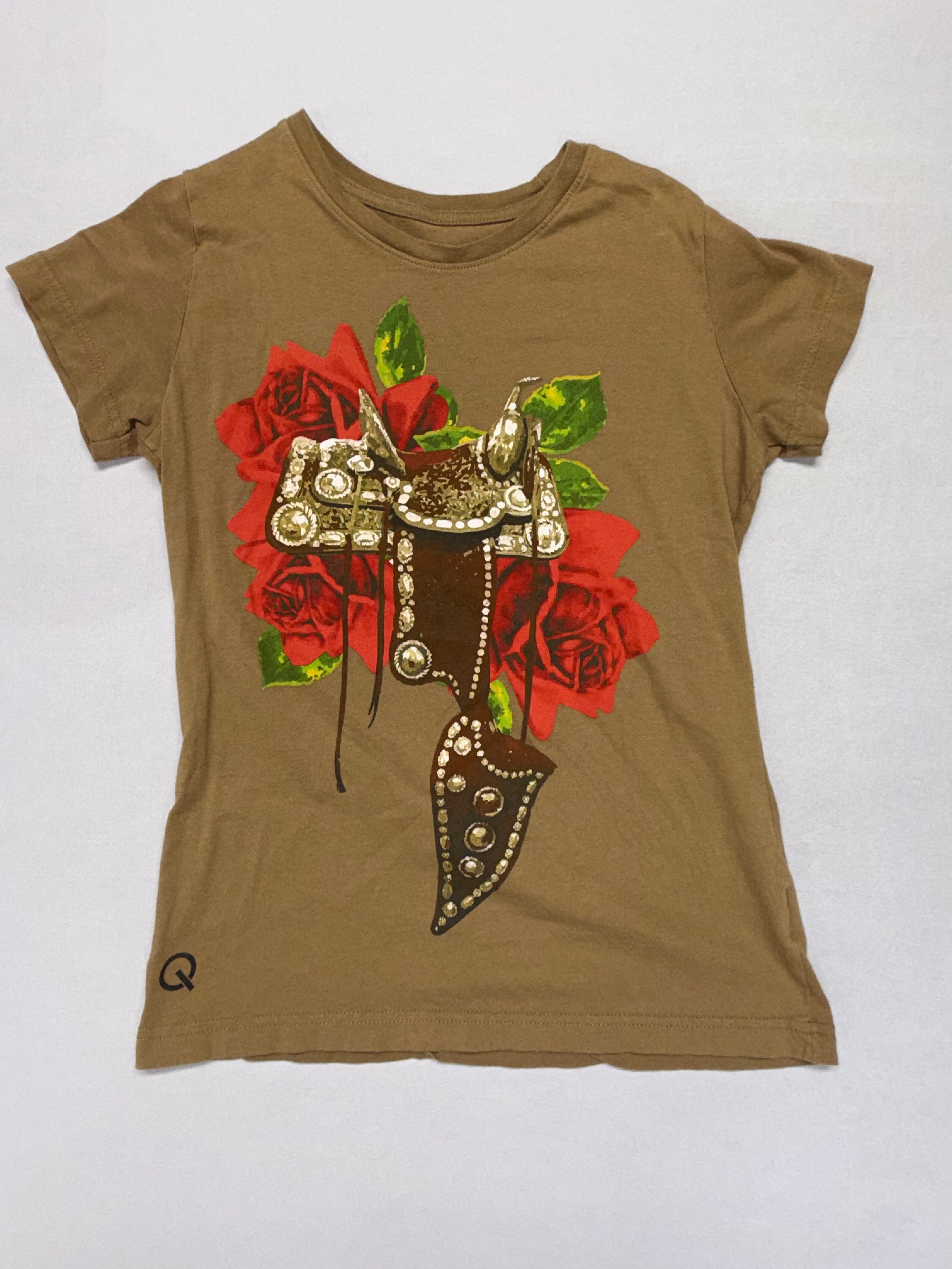 Girls Rodeo Quincy Western Graphic T-Shirt - Brown w/Roses & Cowgirl Boot Design - Size Small