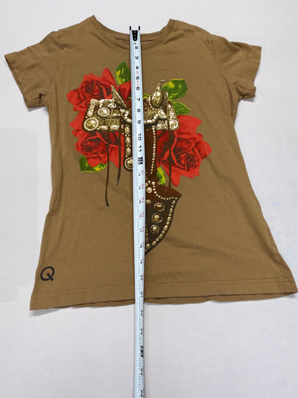 Girls Rodeo Quincy Western Graphic T-Shirt - Brown w/Roses & Cowgirl Boot Design - Size Small