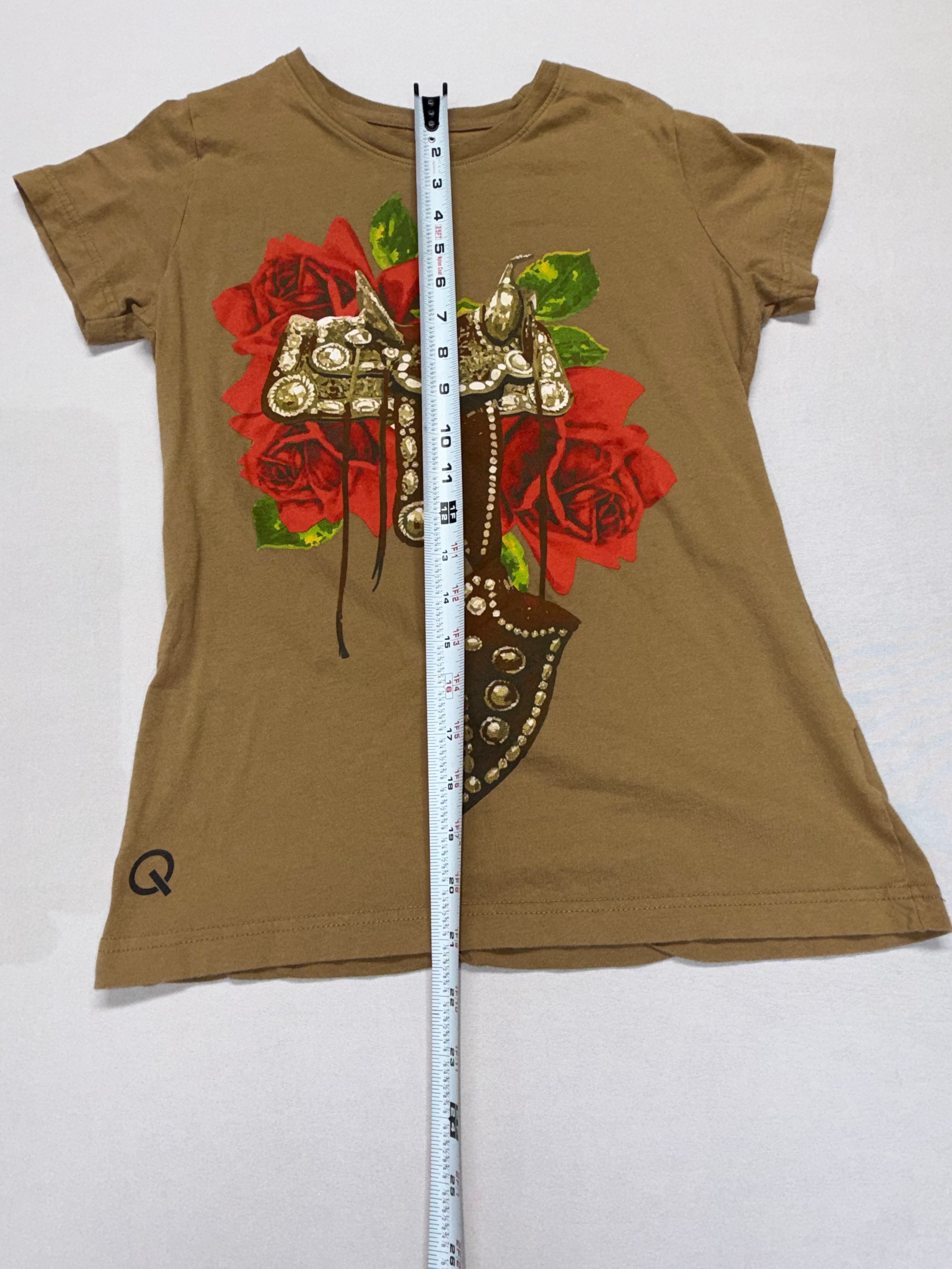Girls Rodeo Quincy Western Graphic T-Shirt - Brown w/Roses & Cowgirl Boot Design - Size Small