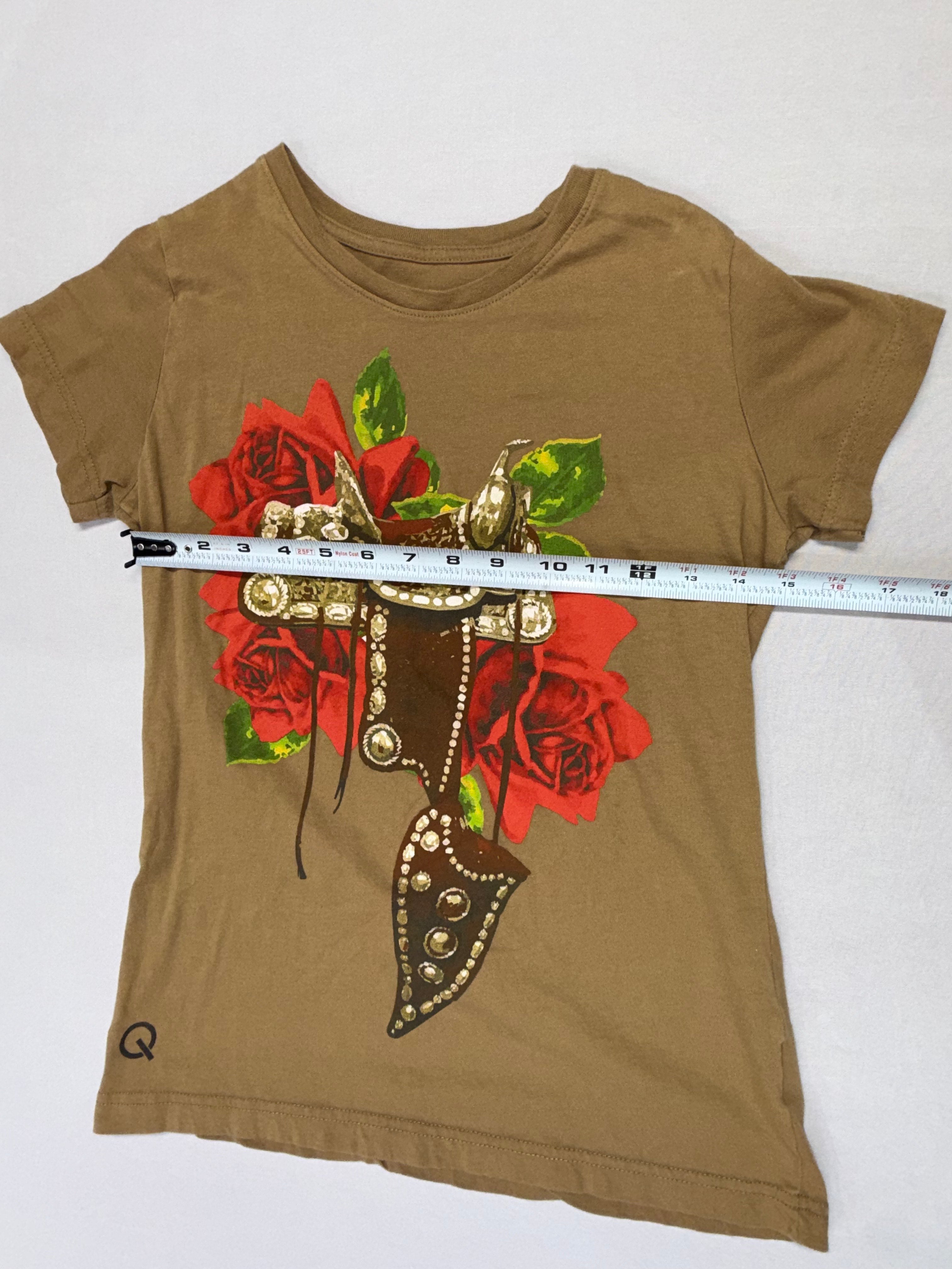 Girls Rodeo Quincy Western Graphic T-Shirt - Brown w/Roses & Cowgirl Boot Design - Size Small