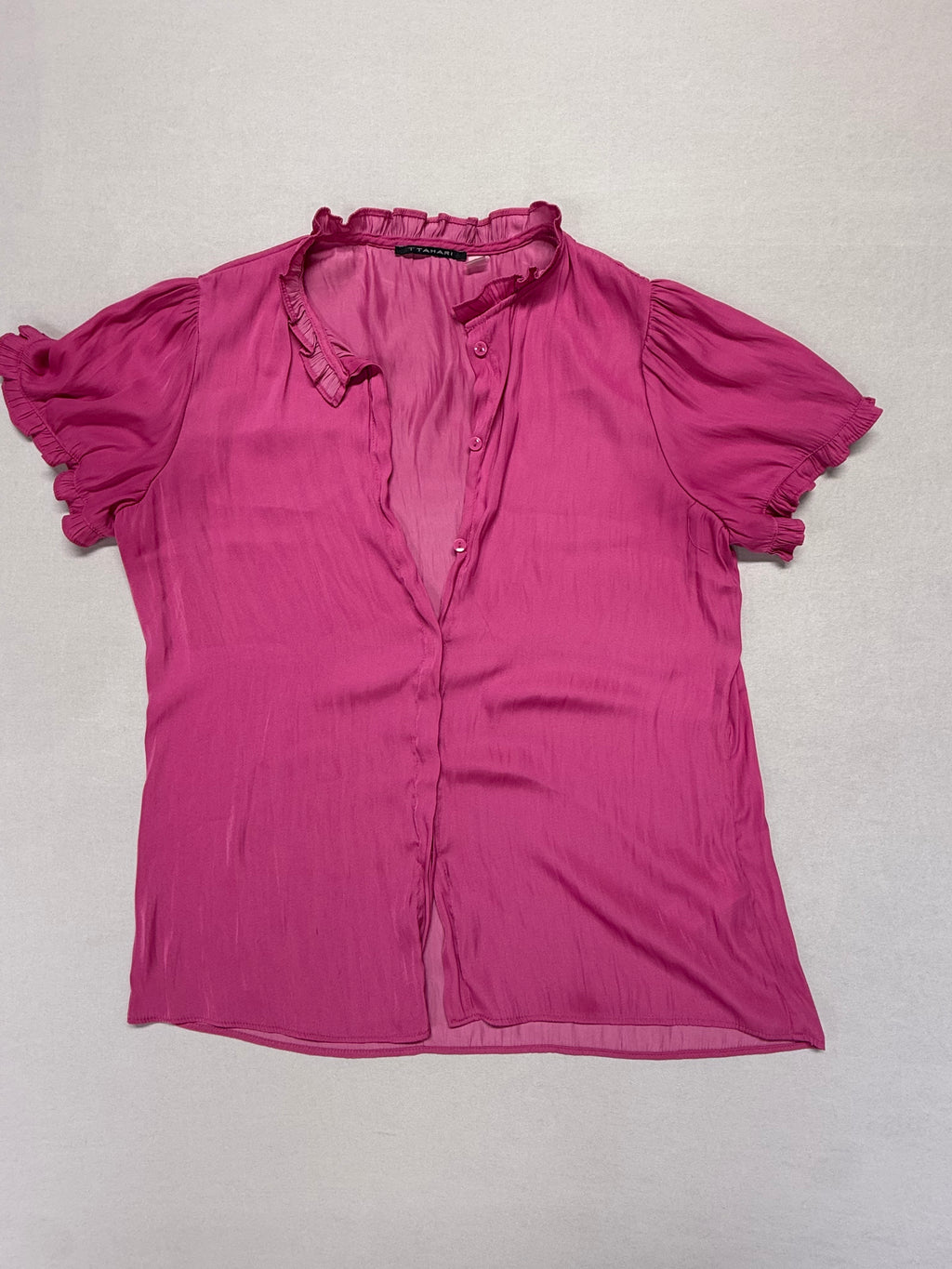 Tahari Women's Pink Ruffle Neck Blouse - Lightweight Short Sleeve Top