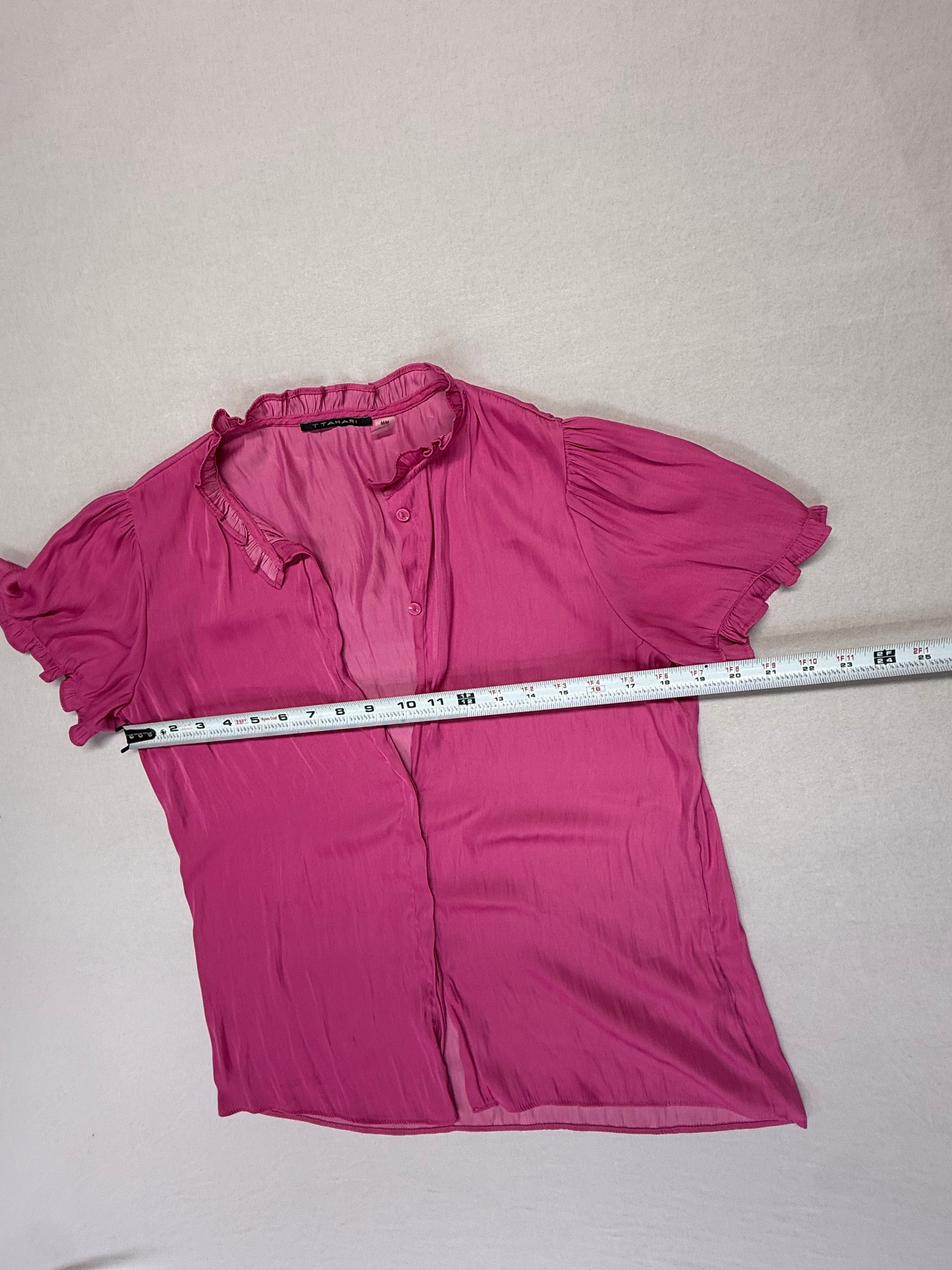 Tahari Women's Pink Ruffle Neck Blouse - Lightweight Short Sleeve Top