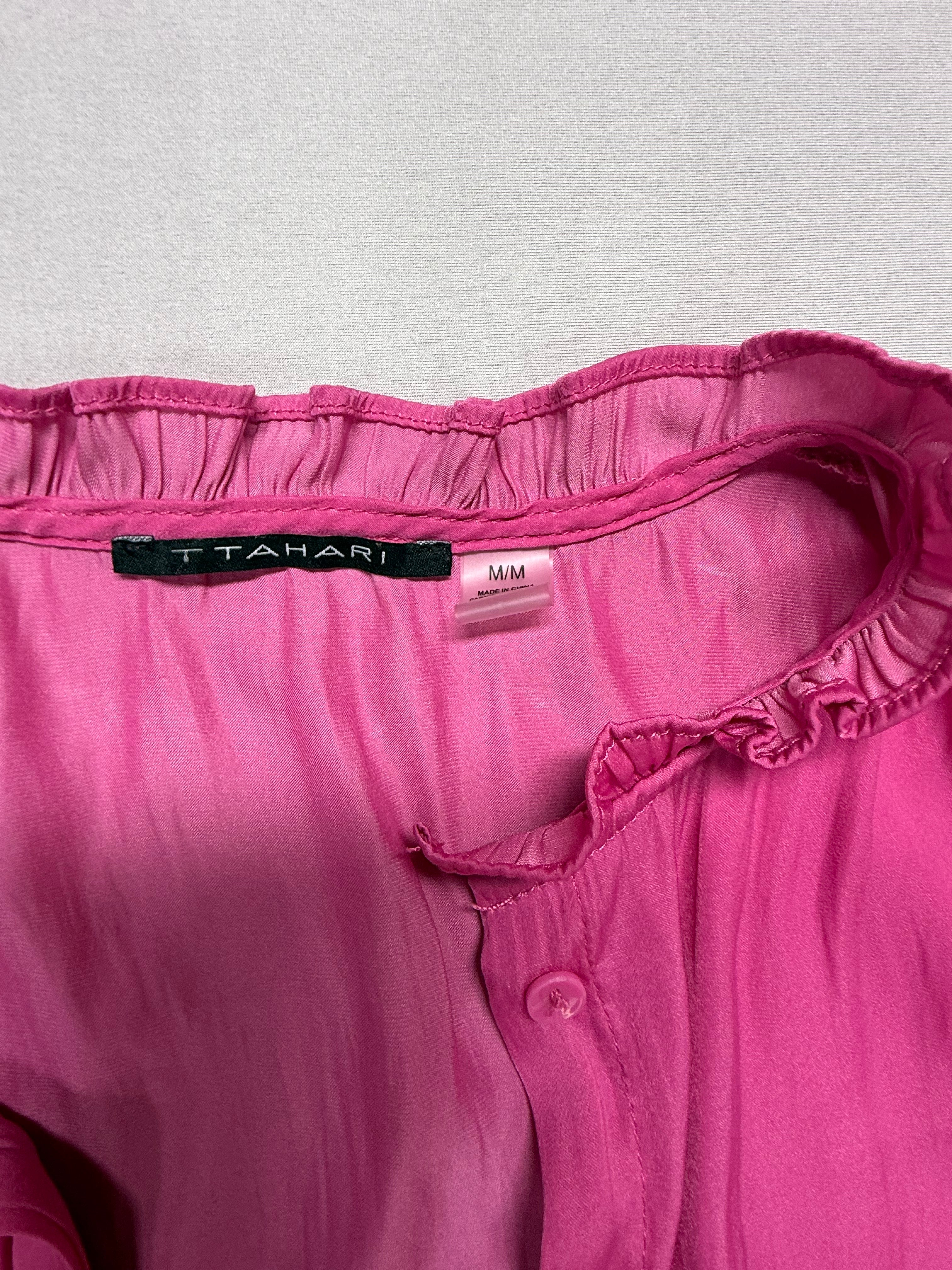 Tahari Women's Pink Ruffle Neck Blouse - Lightweight Short Sleeve Top