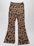 Women's Ribbed Flare pants - Brown Floral Stripe Bell Bottom Leggings
