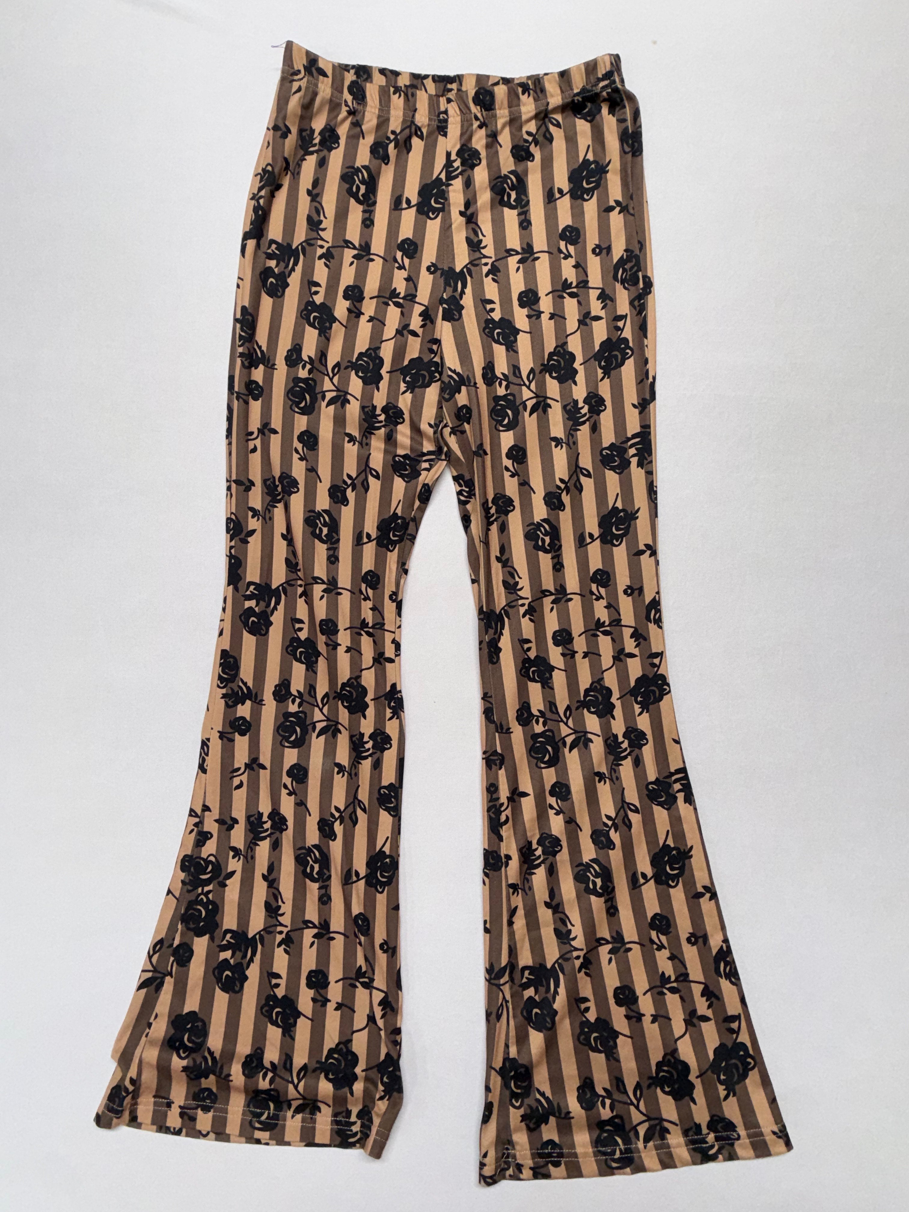 Women's Ribbed Flare pants - Brown Floral Stripe Bell Bottom Leggings