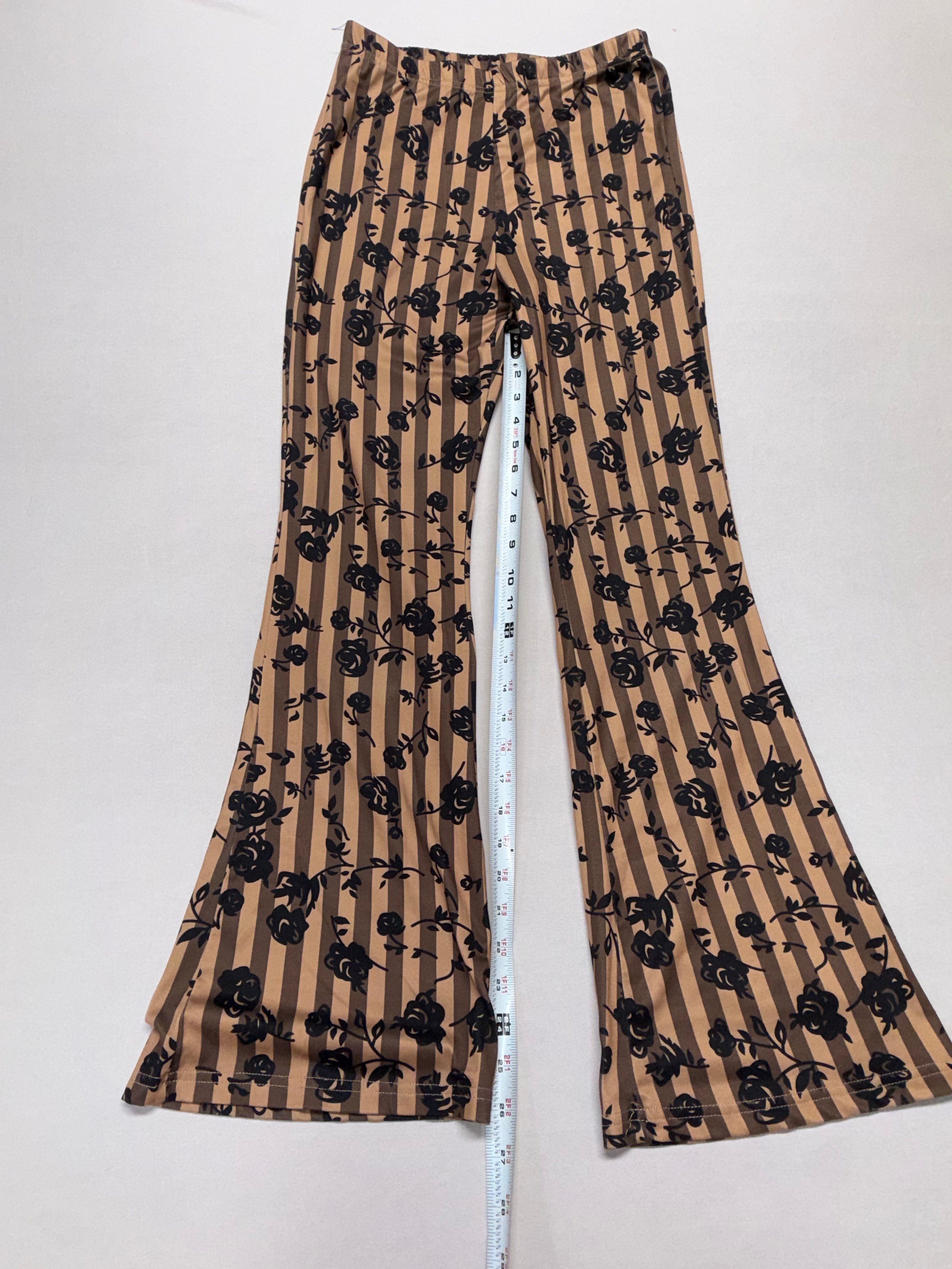 Women's Ribbed Flare pants - Brown Floral Stripe Bell Bottom Leggings