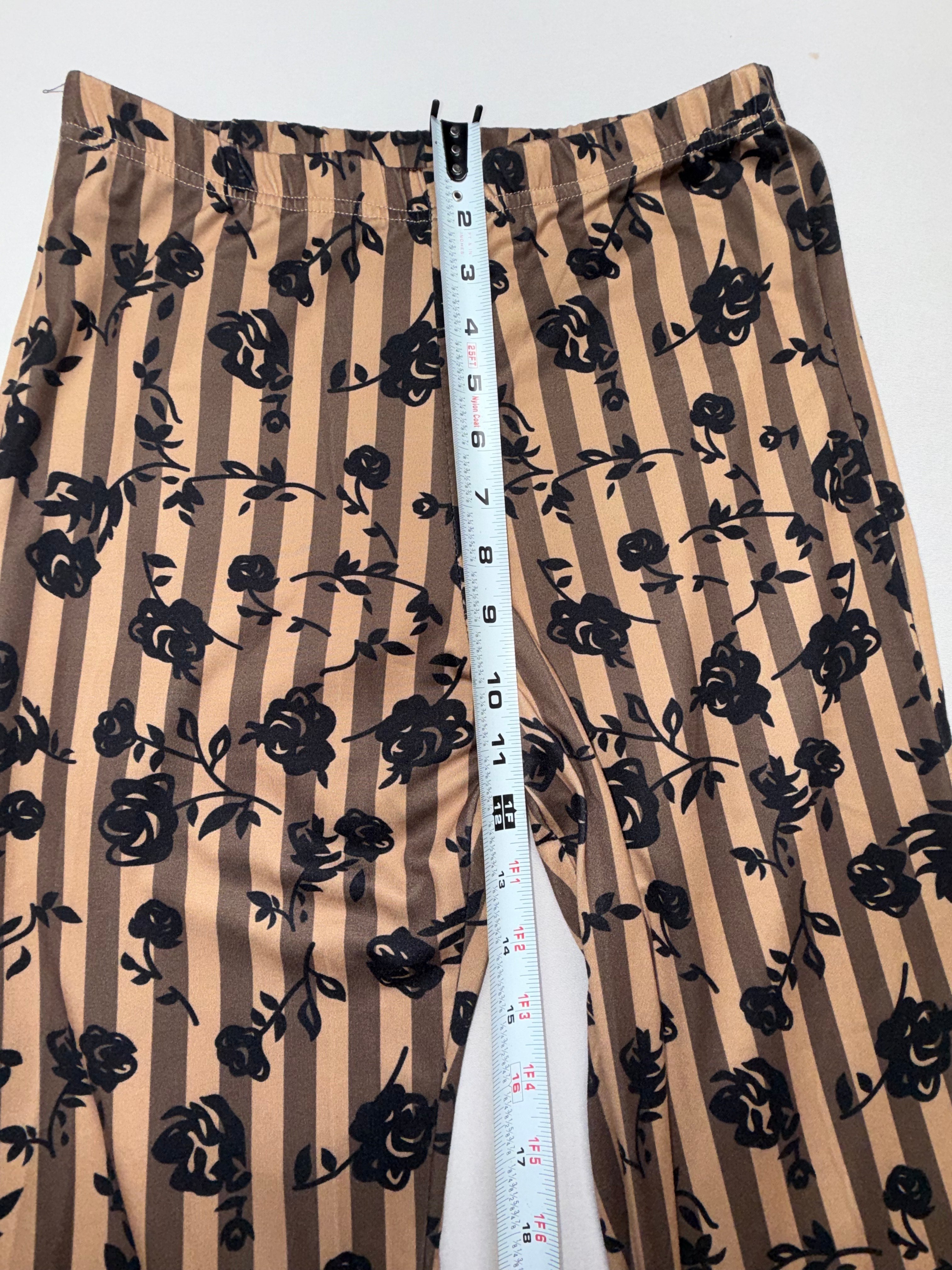 Women's Ribbed Flare pants - Brown Floral Stripe Bell Bottom Leggings