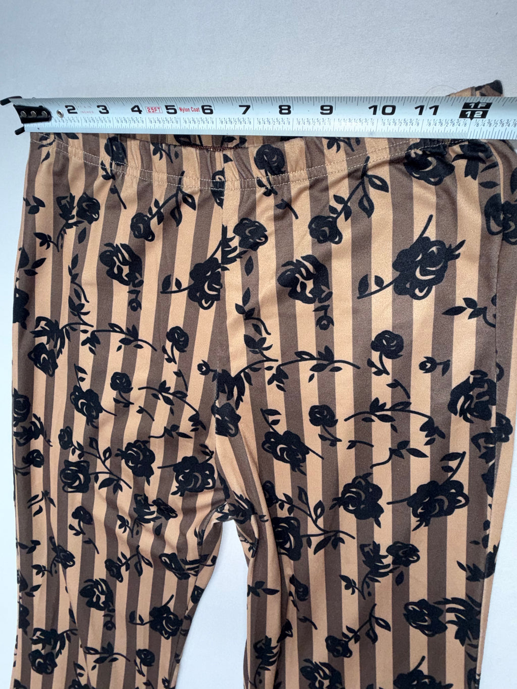 Women's Ribbed Flare pants - Brown Floral Stripe Bell Bottom Leggings
