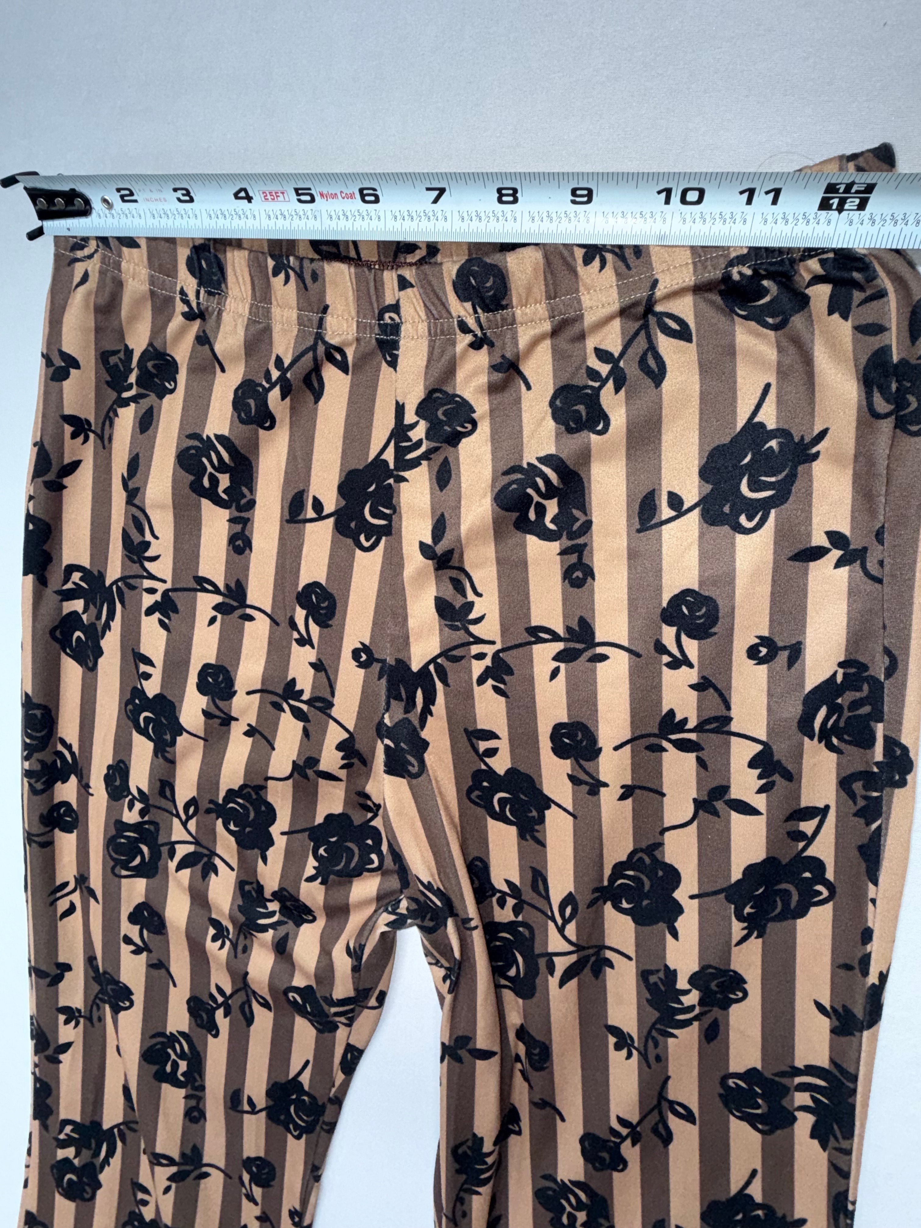 Women's Ribbed Flare pants - Brown Floral Stripe Bell Bottom Leggings