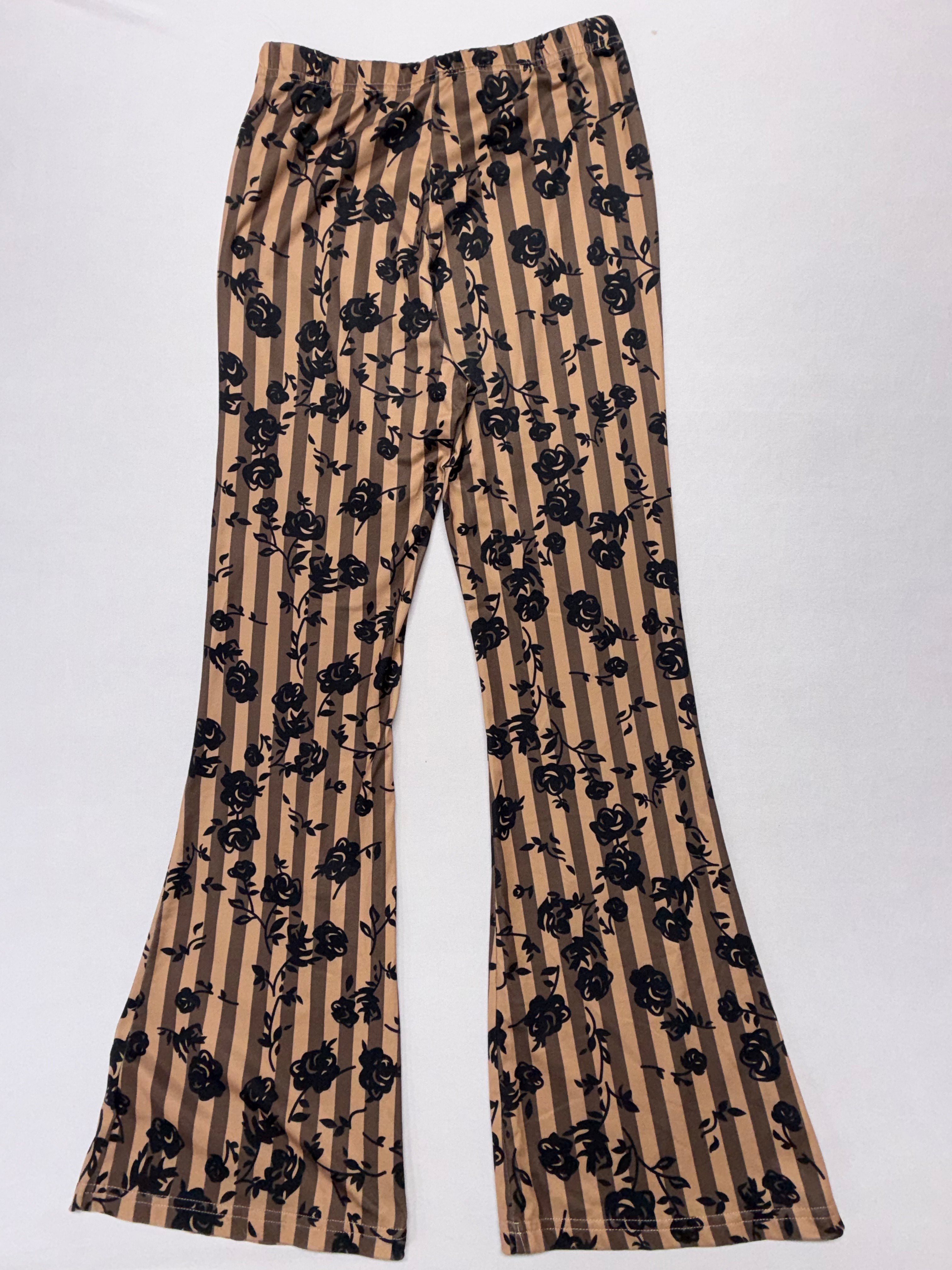 Women's Ribbed Flare pants - Brown Floral Stripe Bell Bottom Leggings