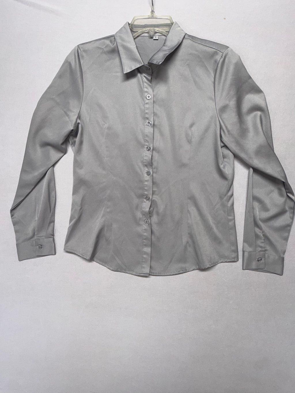 Women's Silver Satin Button-up Blouse - Long Sleeve Stretch Dress Shirt Size L