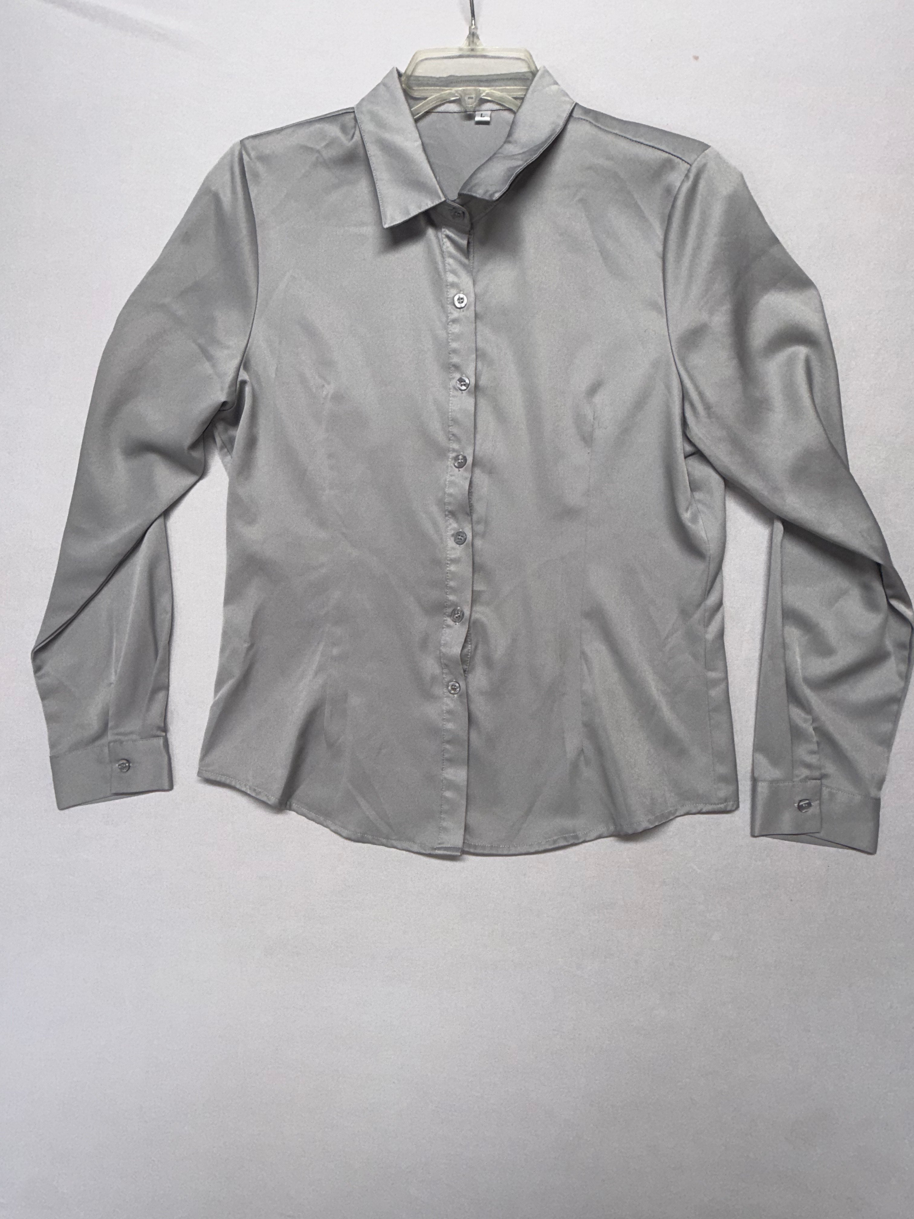 Women's Silver Satin Button-up Blouse - Long Sleeve Stretch Dress Shirt Size L