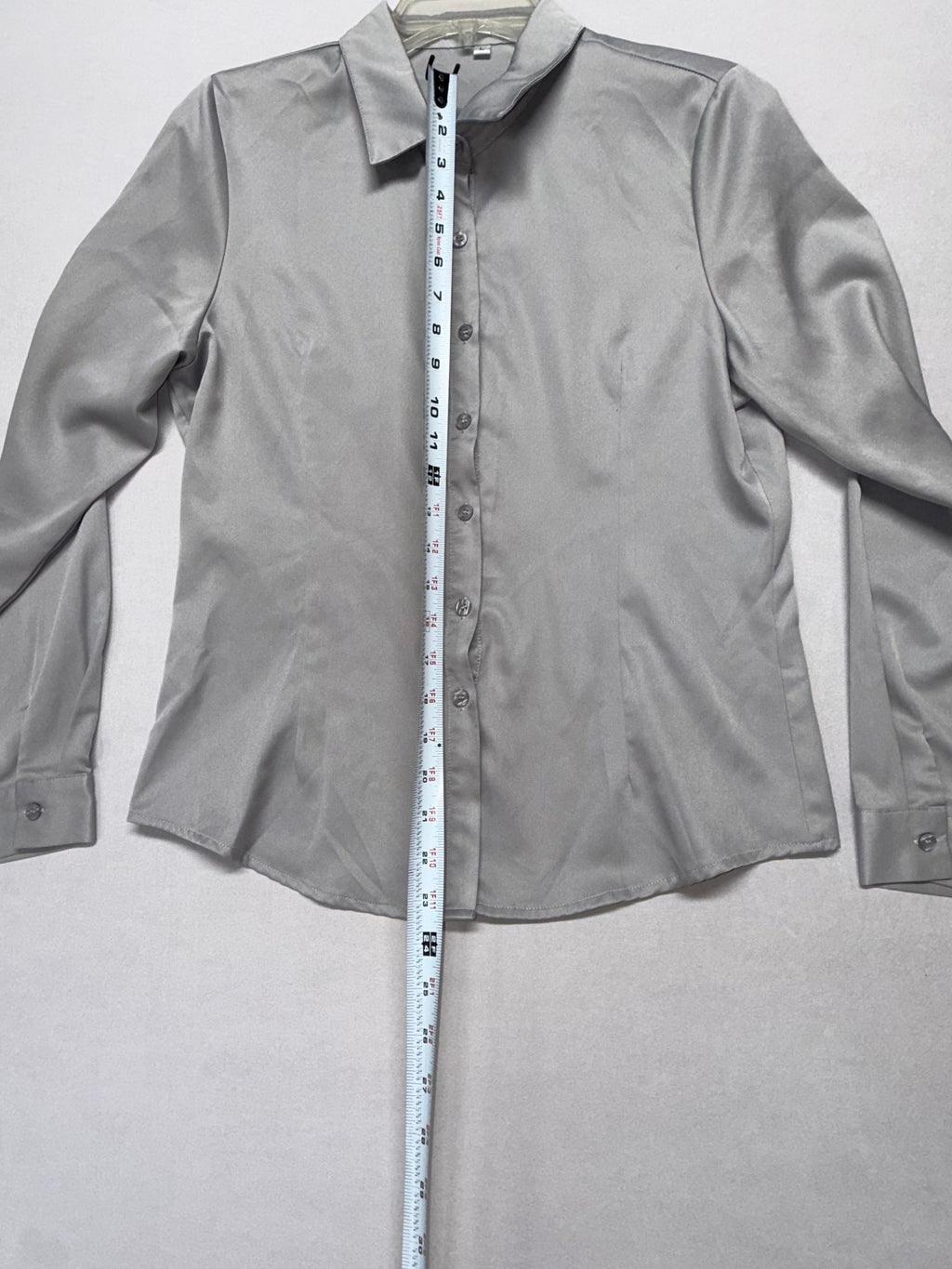 Women's Silver Satin Button-up Blouse - Long Sleeve Stretch Dress Shirt Size L