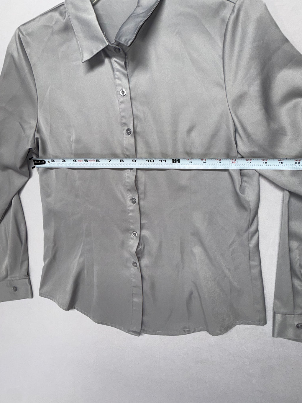 Women's Silver Satin Button-up Blouse - Long Sleeve Stretch Dress Shirt Size L