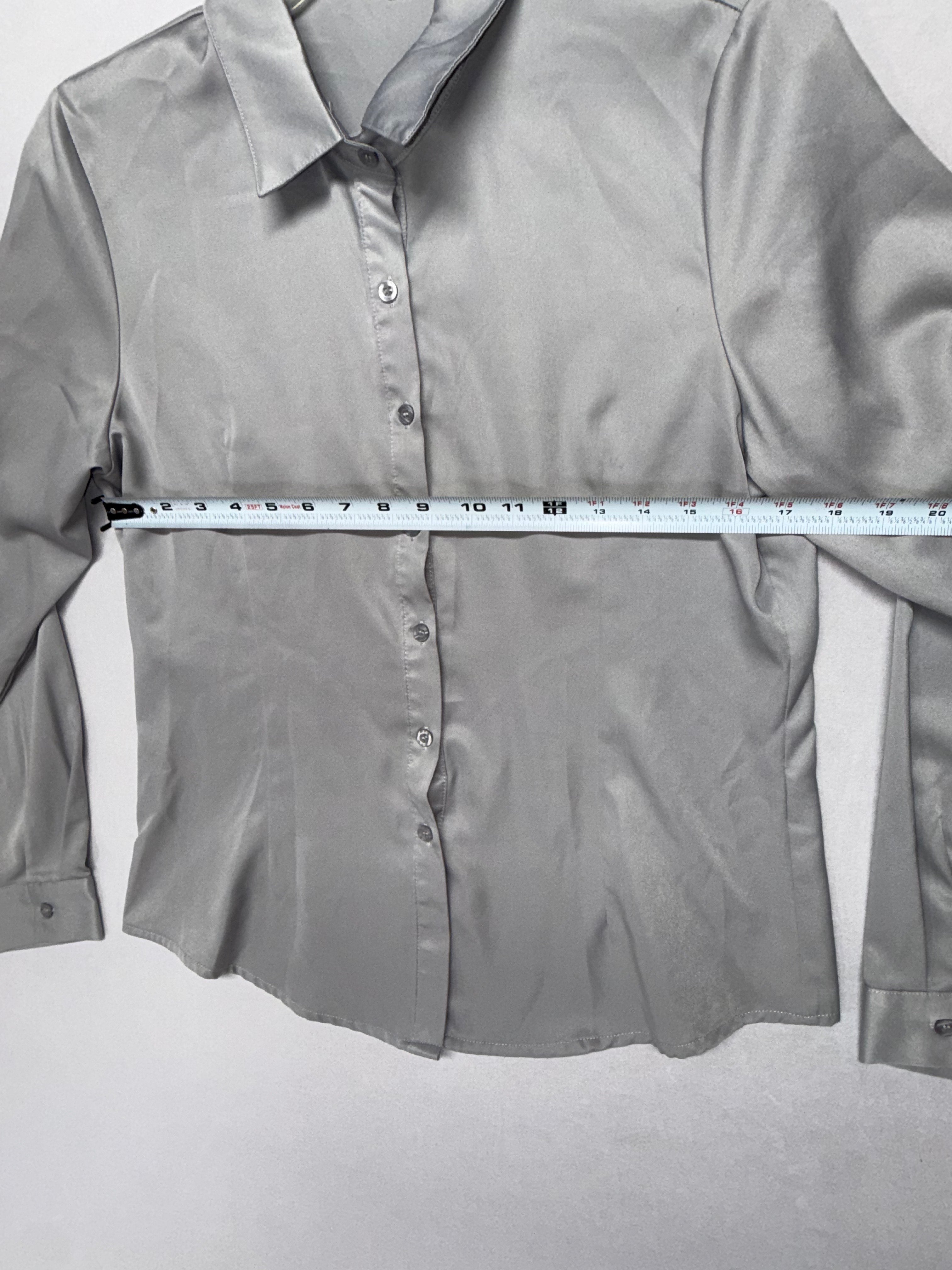 Women's Silver Satin Button-up Blouse - Long Sleeve Stretch Dress Shirt Size L