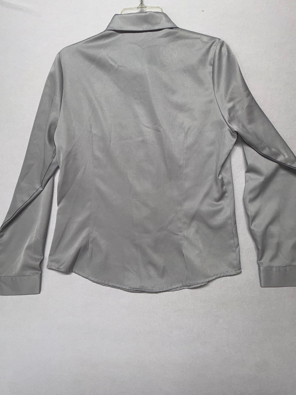 Women's Silver Satin Button-up Blouse - Long Sleeve Stretch Dress Shirt Size L