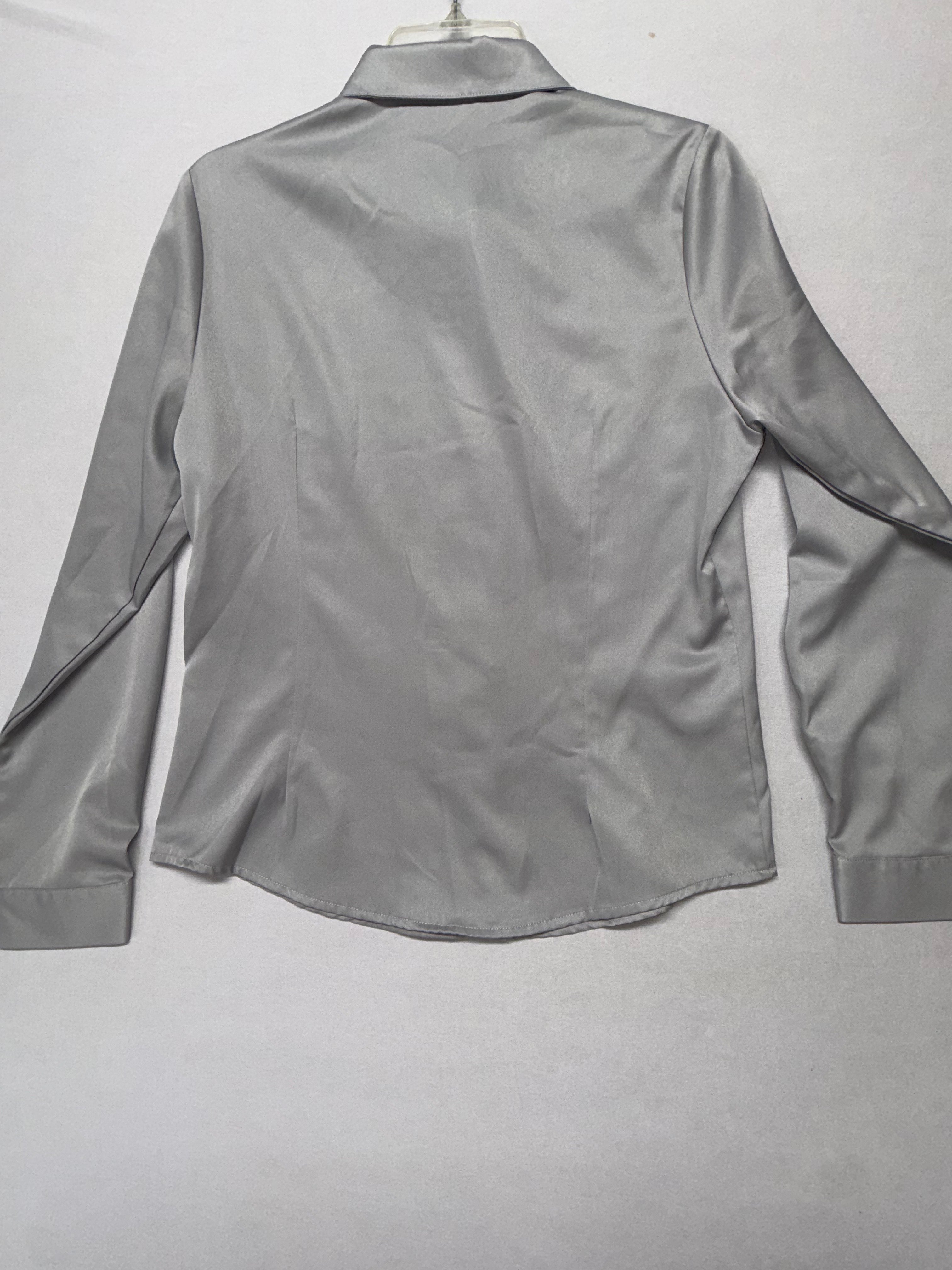 Women's Silver Satin Button-up Blouse - Long Sleeve Stretch Dress Shirt Size L