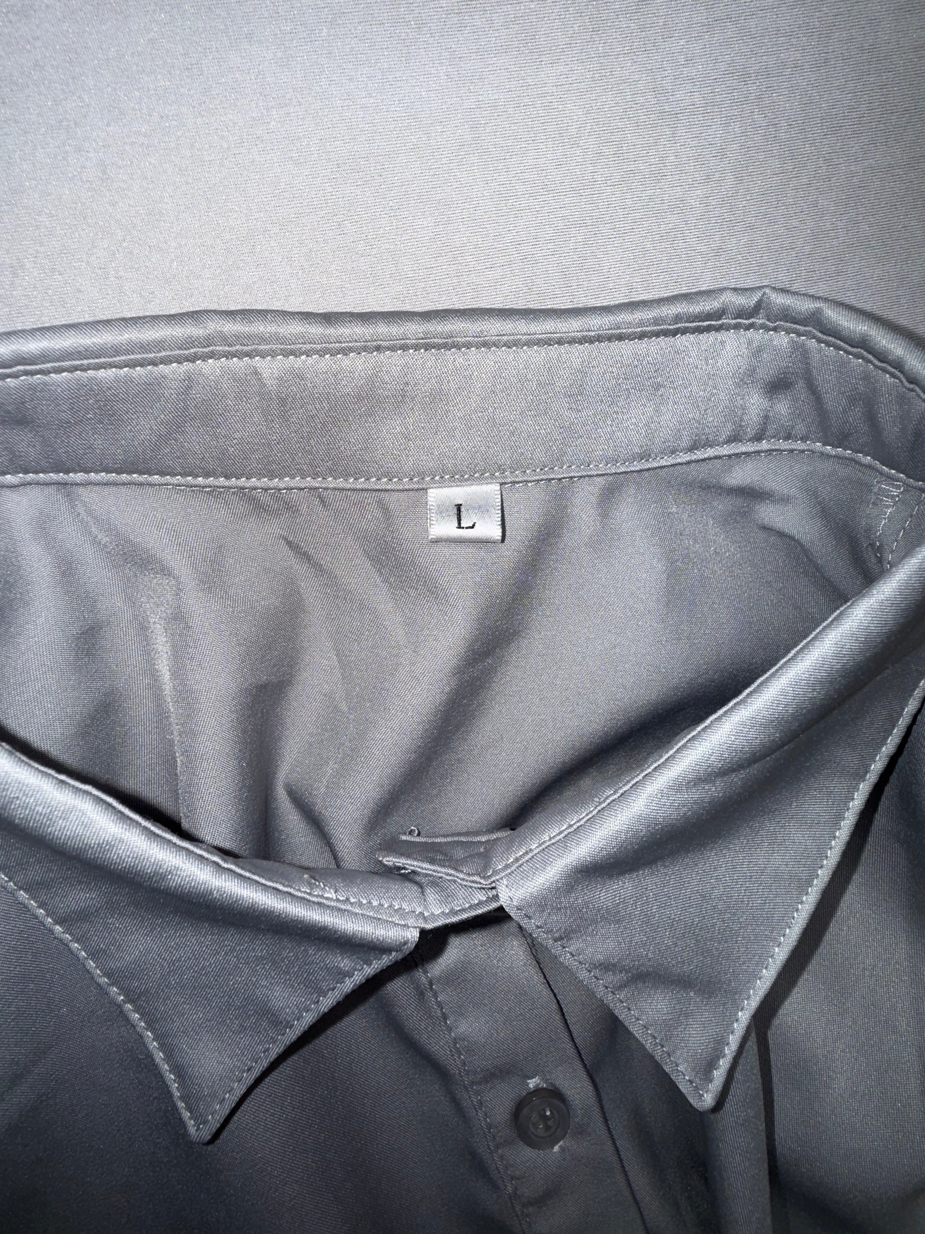 Women's Silver Satin Button-up Blouse - Long Sleeve Stretch Dress Shirt Size L