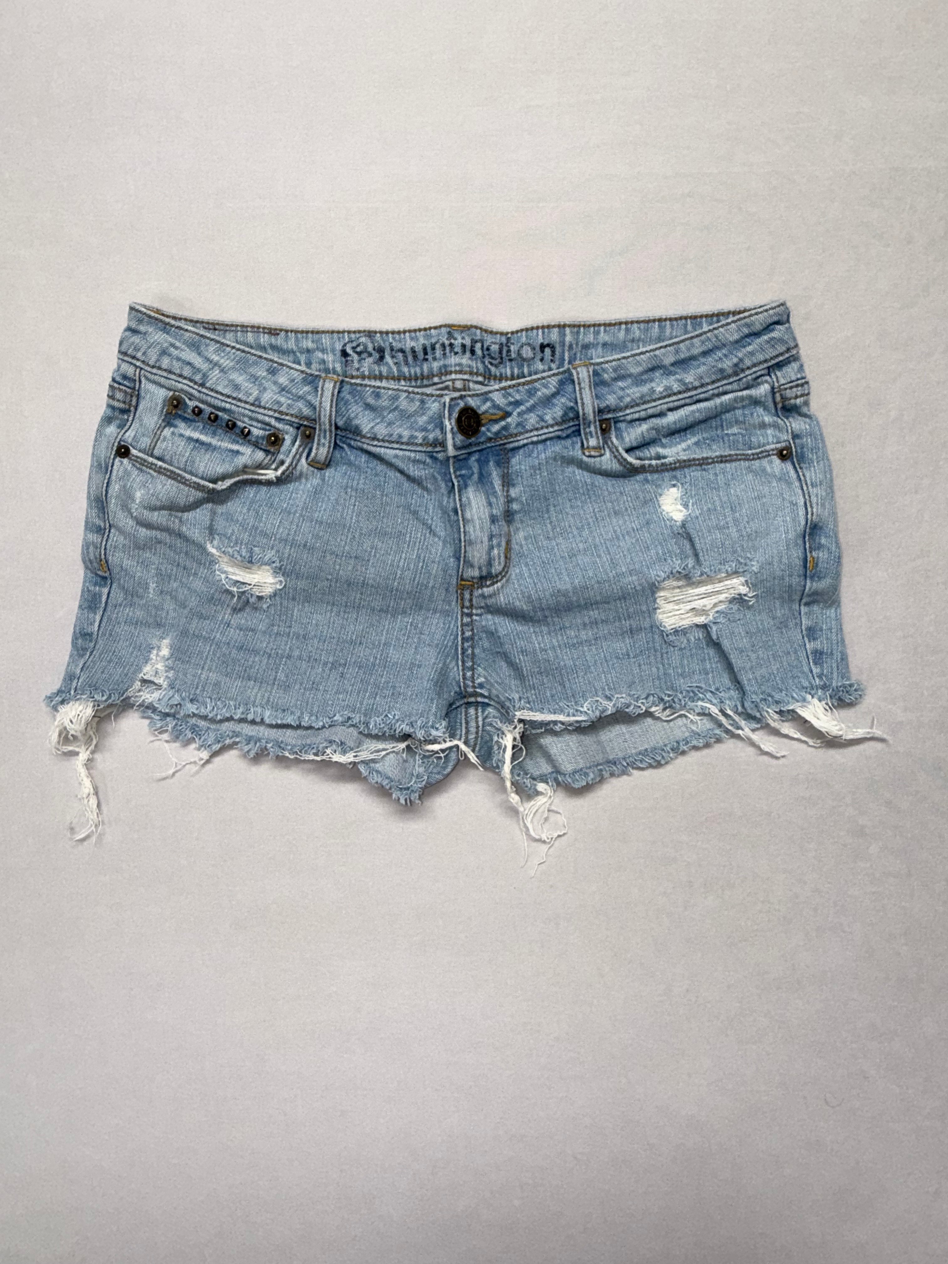 Women's Light Wash Distressed Denim Shorts - Stud Pocket Detail - Size 11