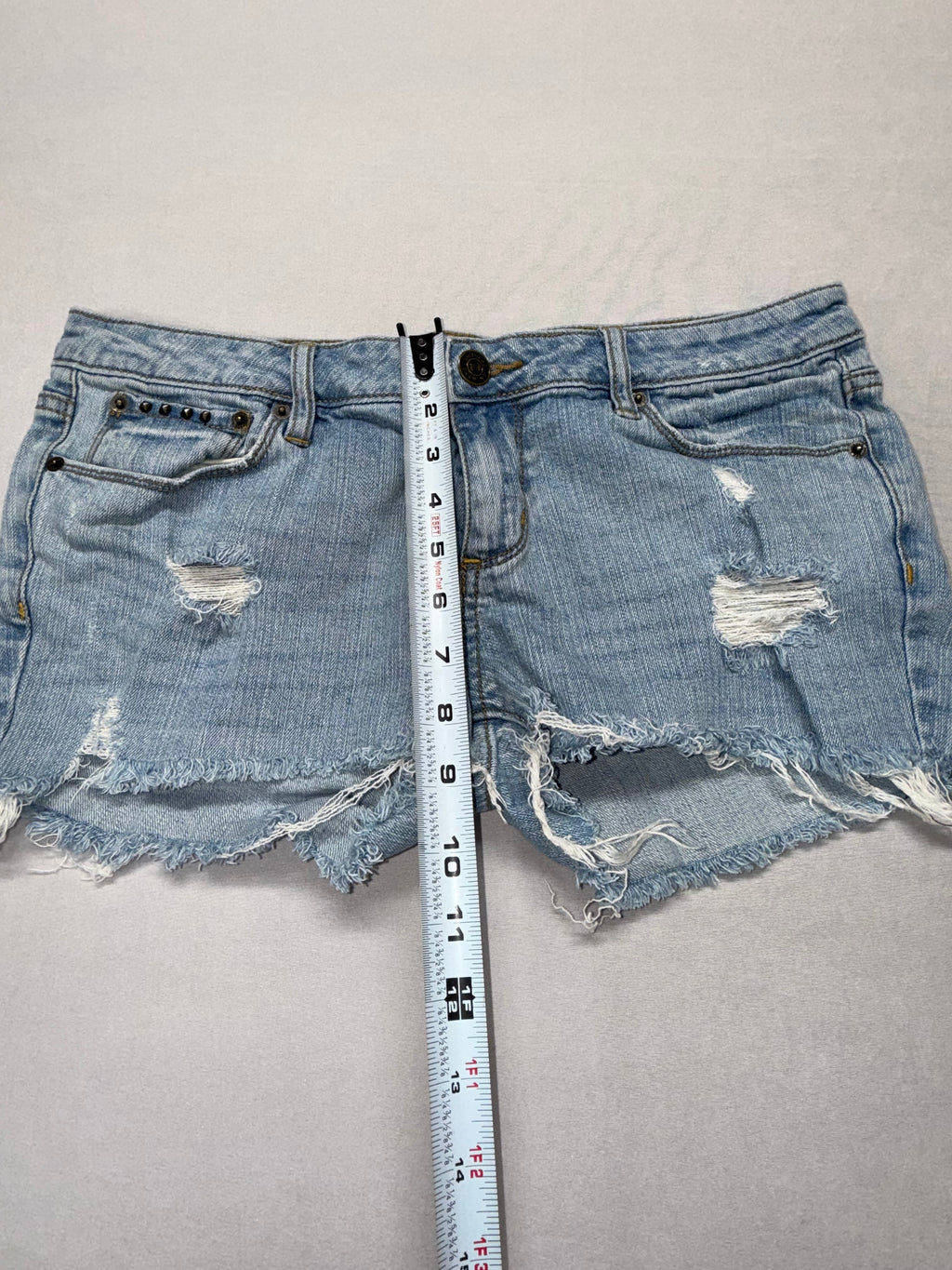 Women's Light Wash Distressed Denim Shorts - Stud Pocket Detail - Size 11