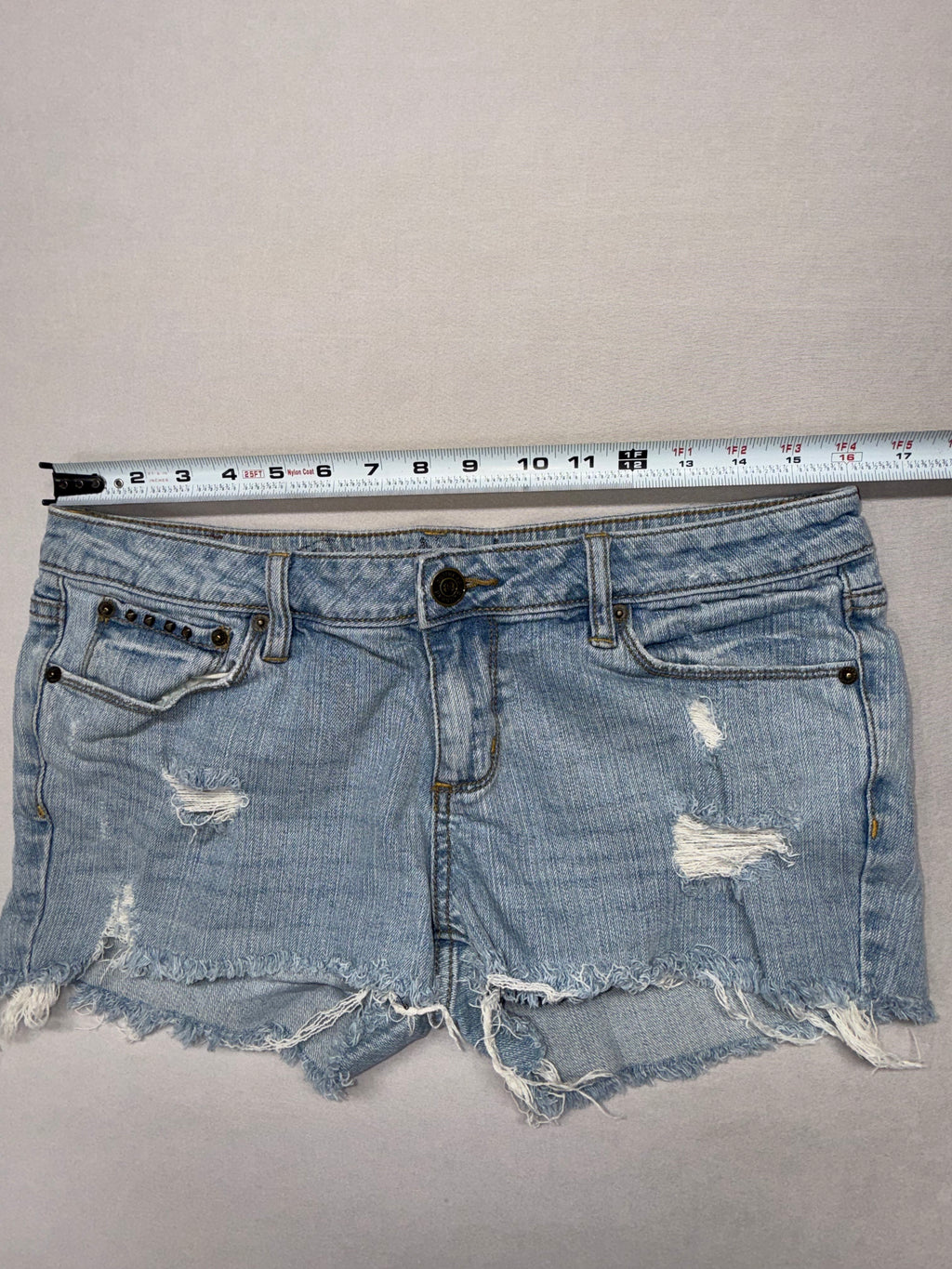 Women's Light Wash Distressed Denim Shorts - Stud Pocket Detail - Size 11