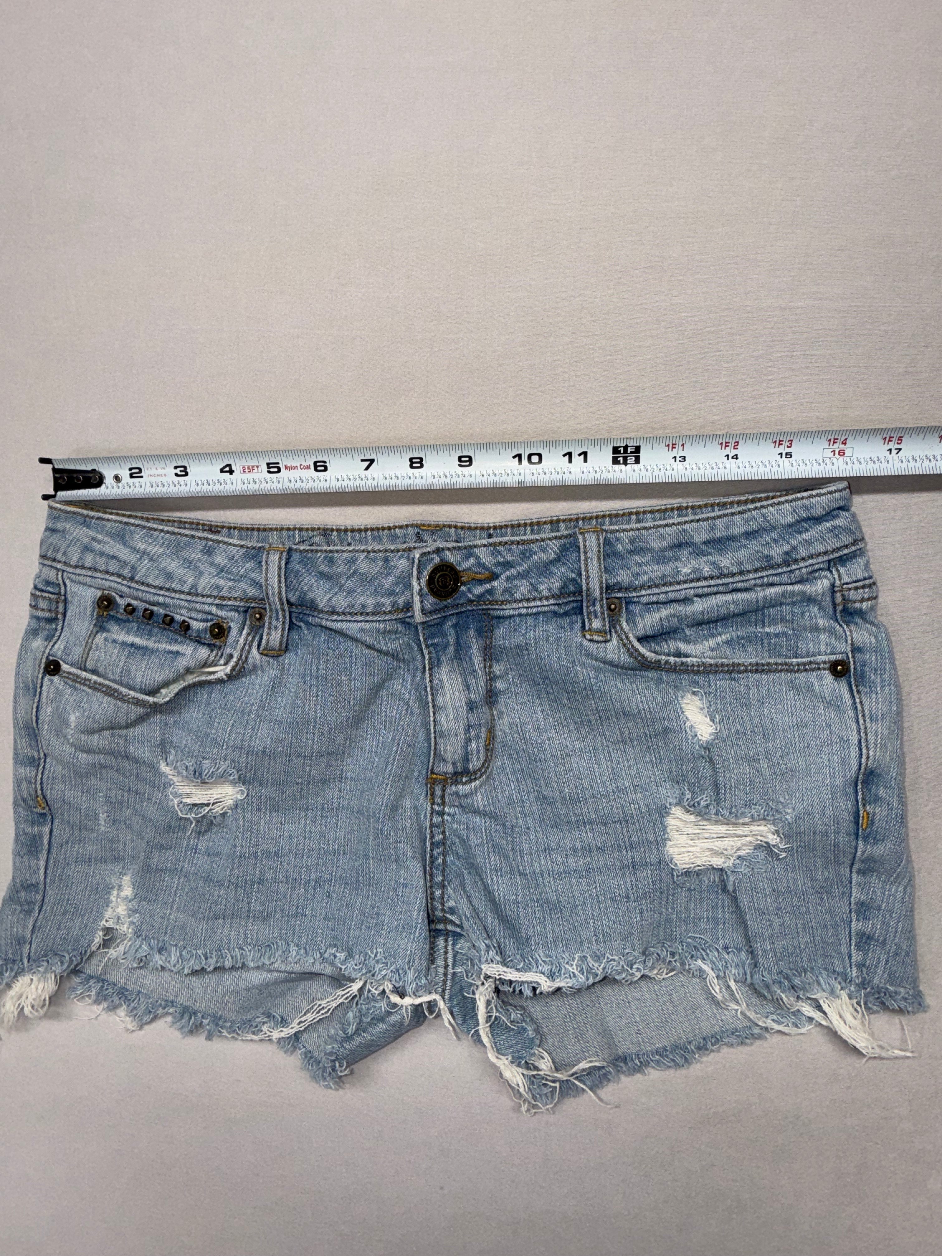 Women's Light Wash Distressed Denim Shorts - Stud Pocket Detail - Size 11
