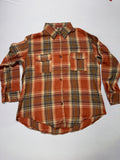 Youth Large Plaid Flannel Shirt Orange Brown Button Up Long Sleeve Cotton Fall Boys L