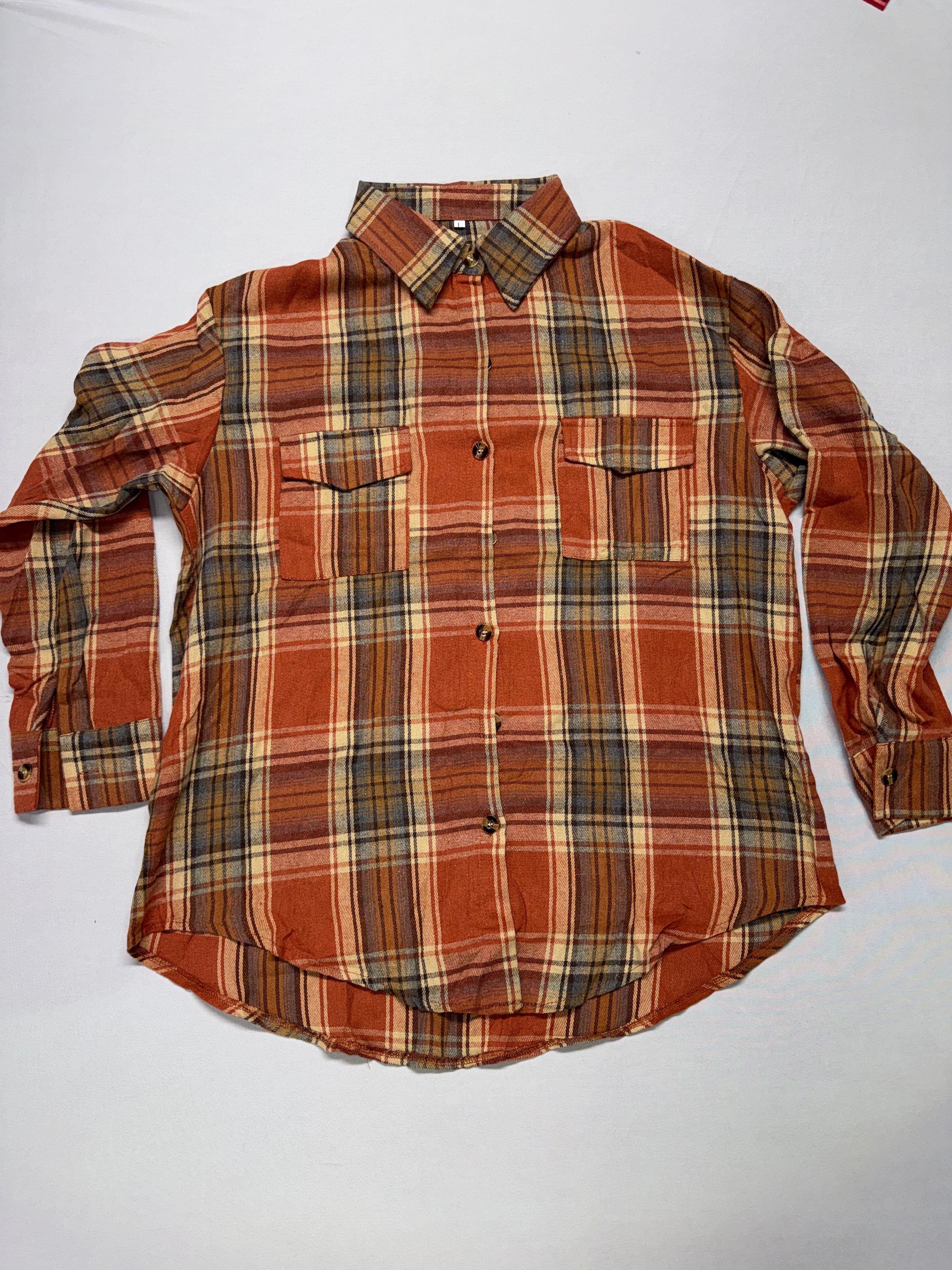 Youth Large Plaid Flannel Shirt Orange Brown Button Up Long Sleeve Cotton Fall Boys L