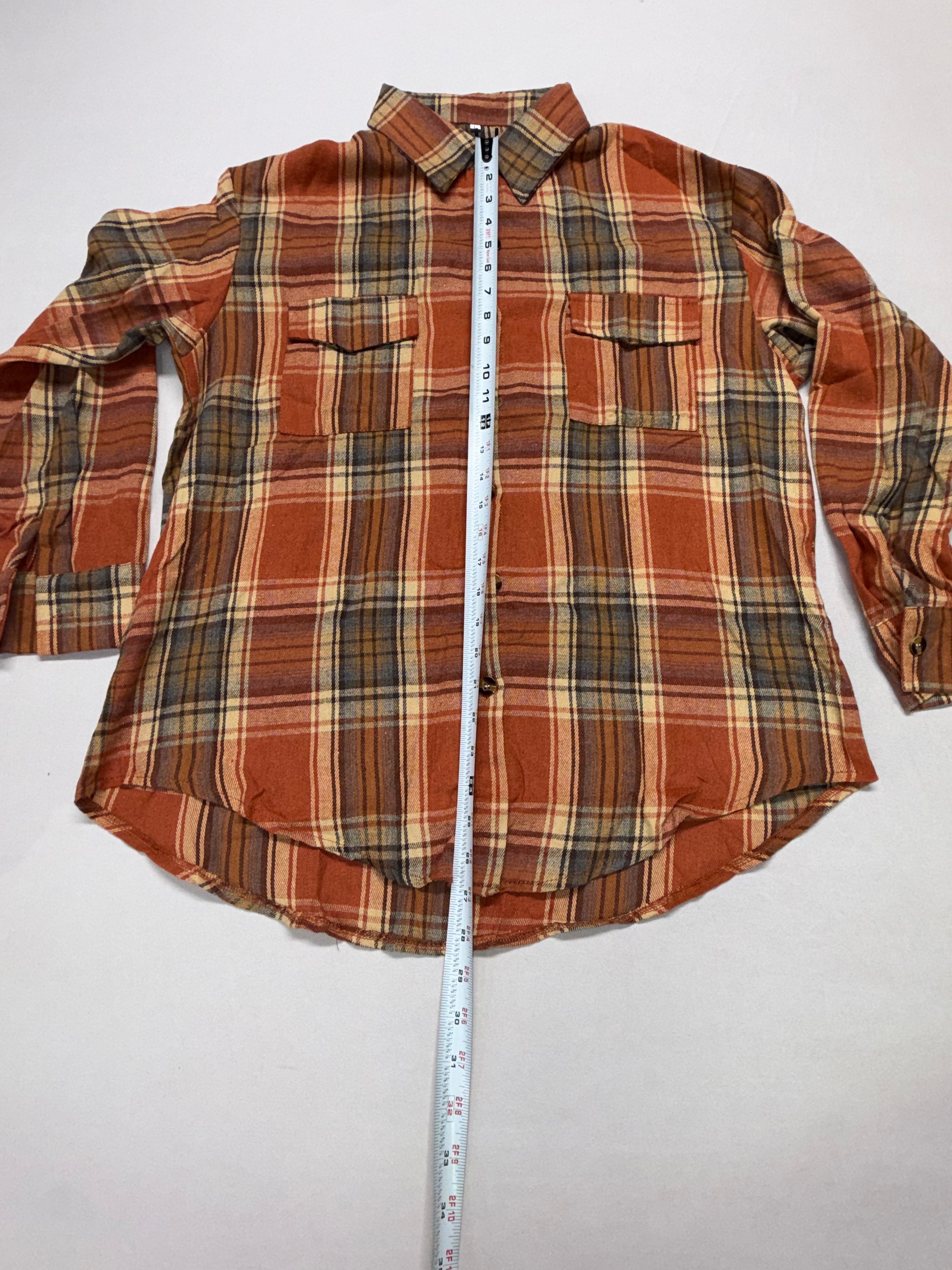 Youth Large Plaid Flannel Shirt Orange Brown Button Up Long Sleeve Cotton Fall Boys L