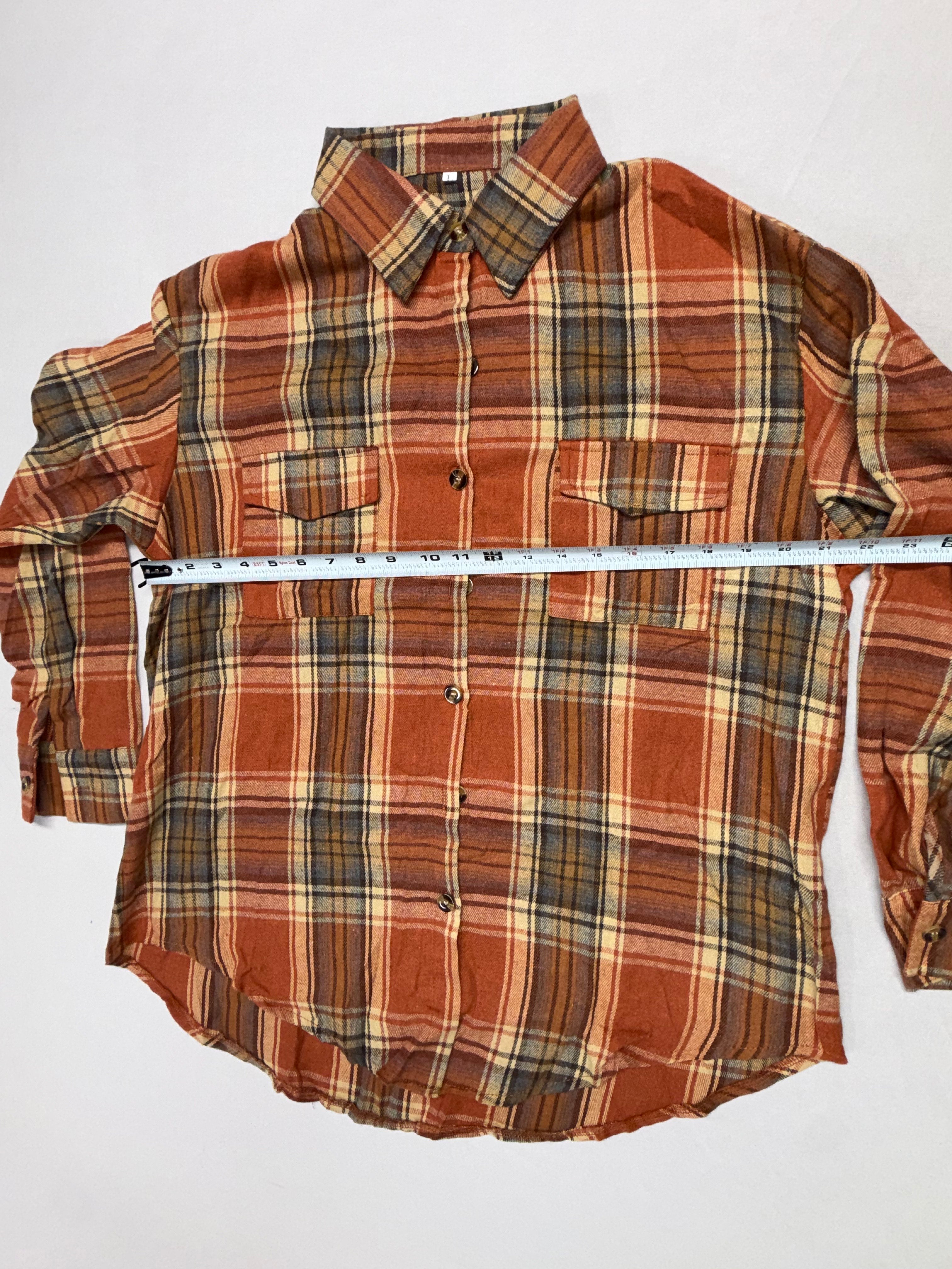 Youth Large Plaid Flannel Shirt Orange Brown Button Up Long Sleeve Cotton Fall Boys L