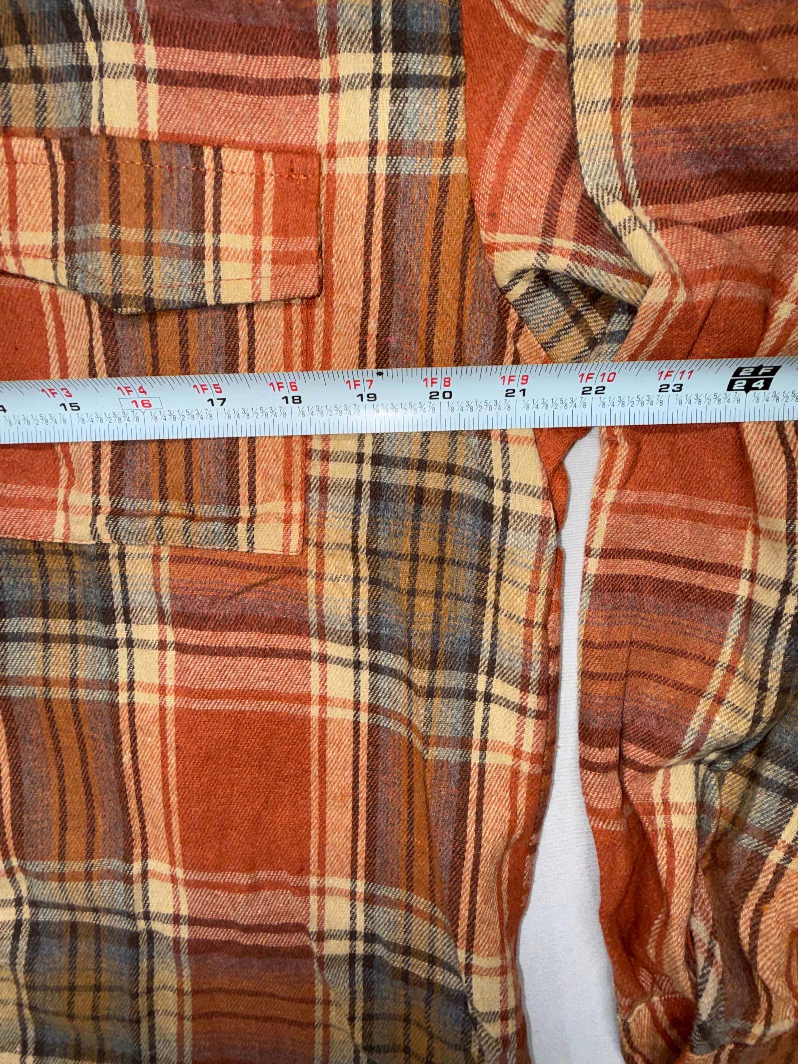 Youth Large Plaid Flannel Shirt Orange Brown Button Up Long Sleeve Cotton Fall Boys L