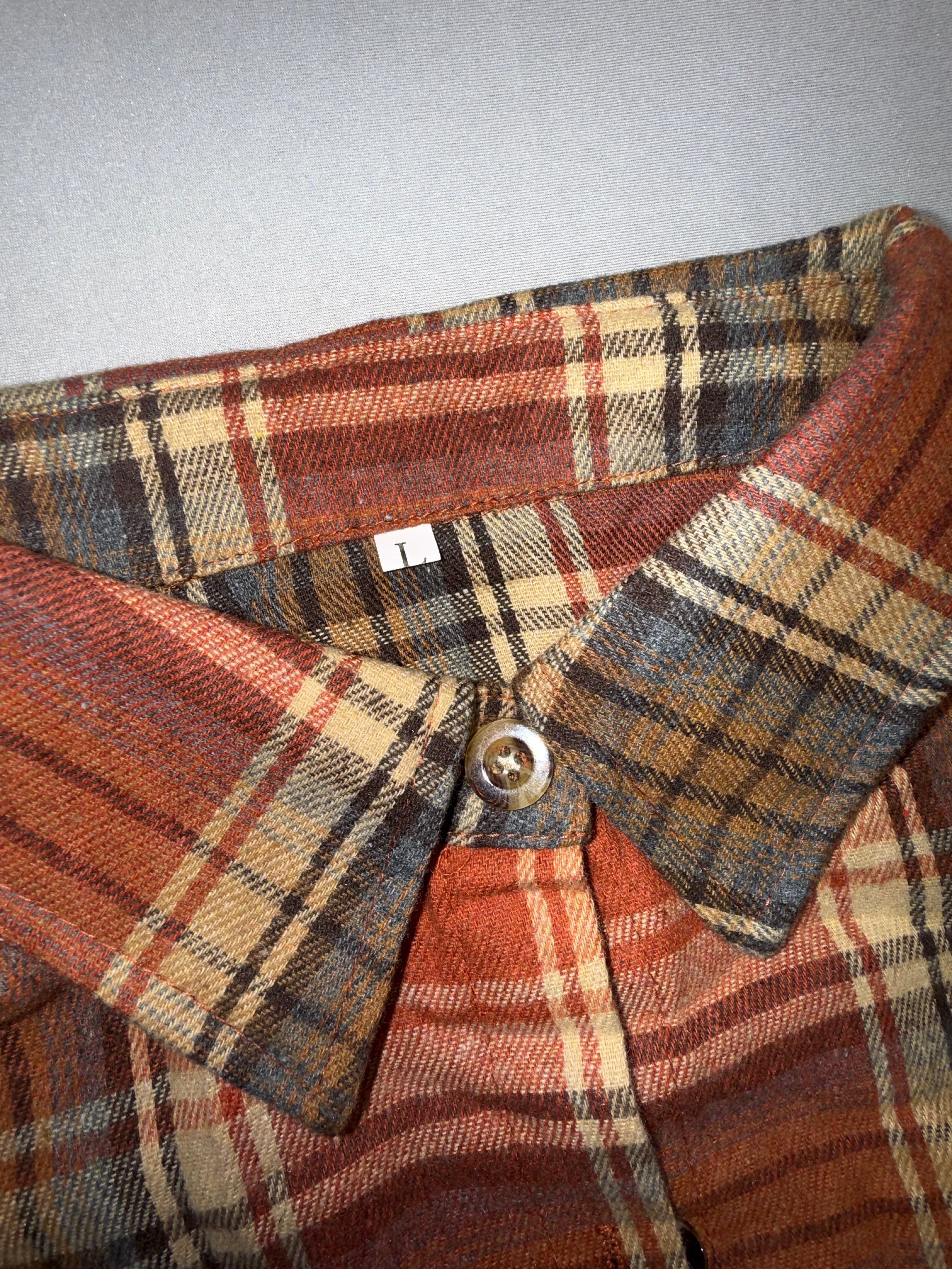 Youth Large Plaid Flannel Shirt Orange Brown Button Up Long Sleeve Cotton Fall Boys L