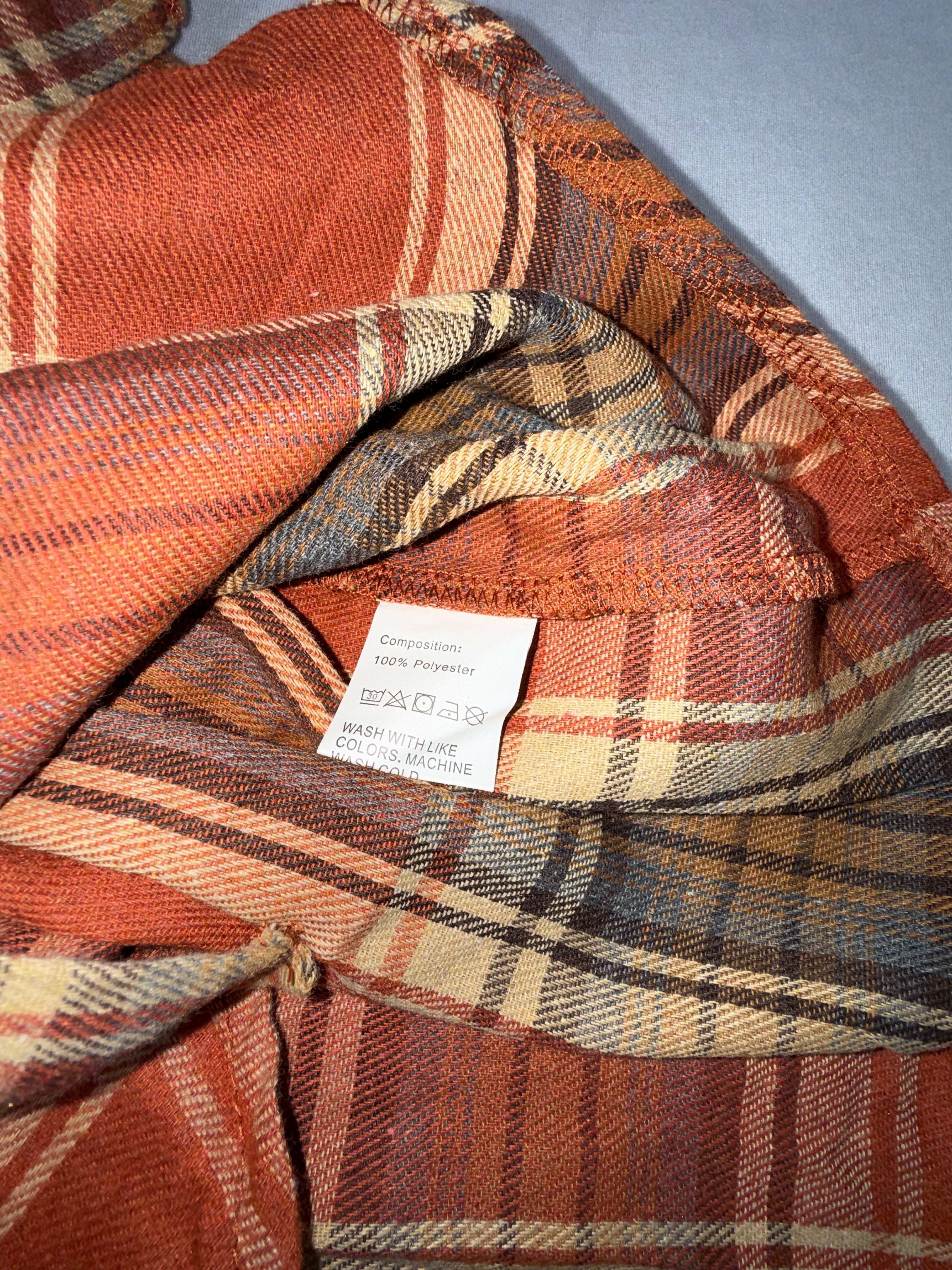 Youth Large Plaid Flannel Shirt Orange Brown Button Up Long Sleeve Cotton Fall Boys L