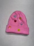 Pink Knit Beanie Hat One Size Peace Smiley Flower Winter Cap Cute Warm