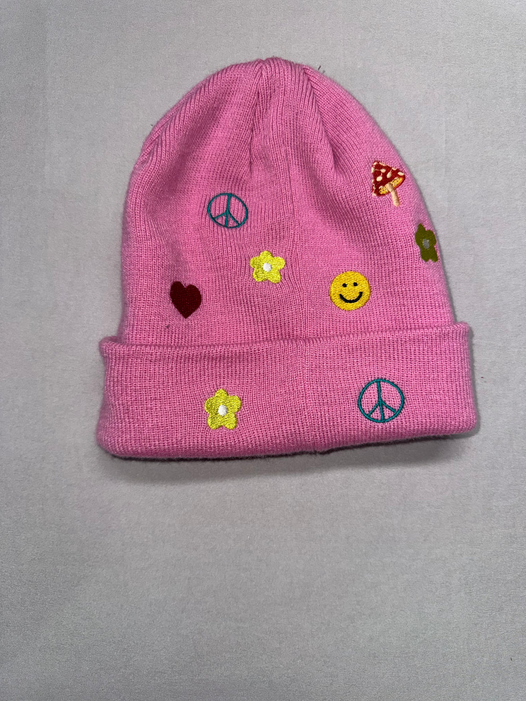 Pink Knit Beanie Hat One Size Peace Smiley Flower Winter Cap Cute Warm
