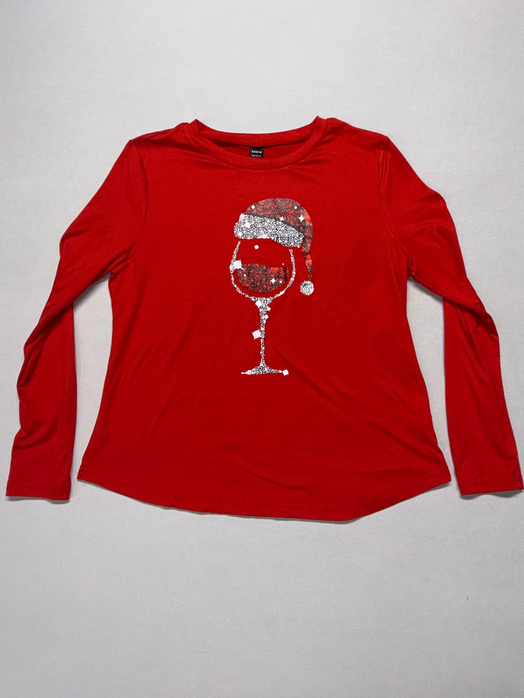 SHEIN Women's Christmas Shirt Medium Red Long Sleeve Santa Wine Glass Holiday Top M