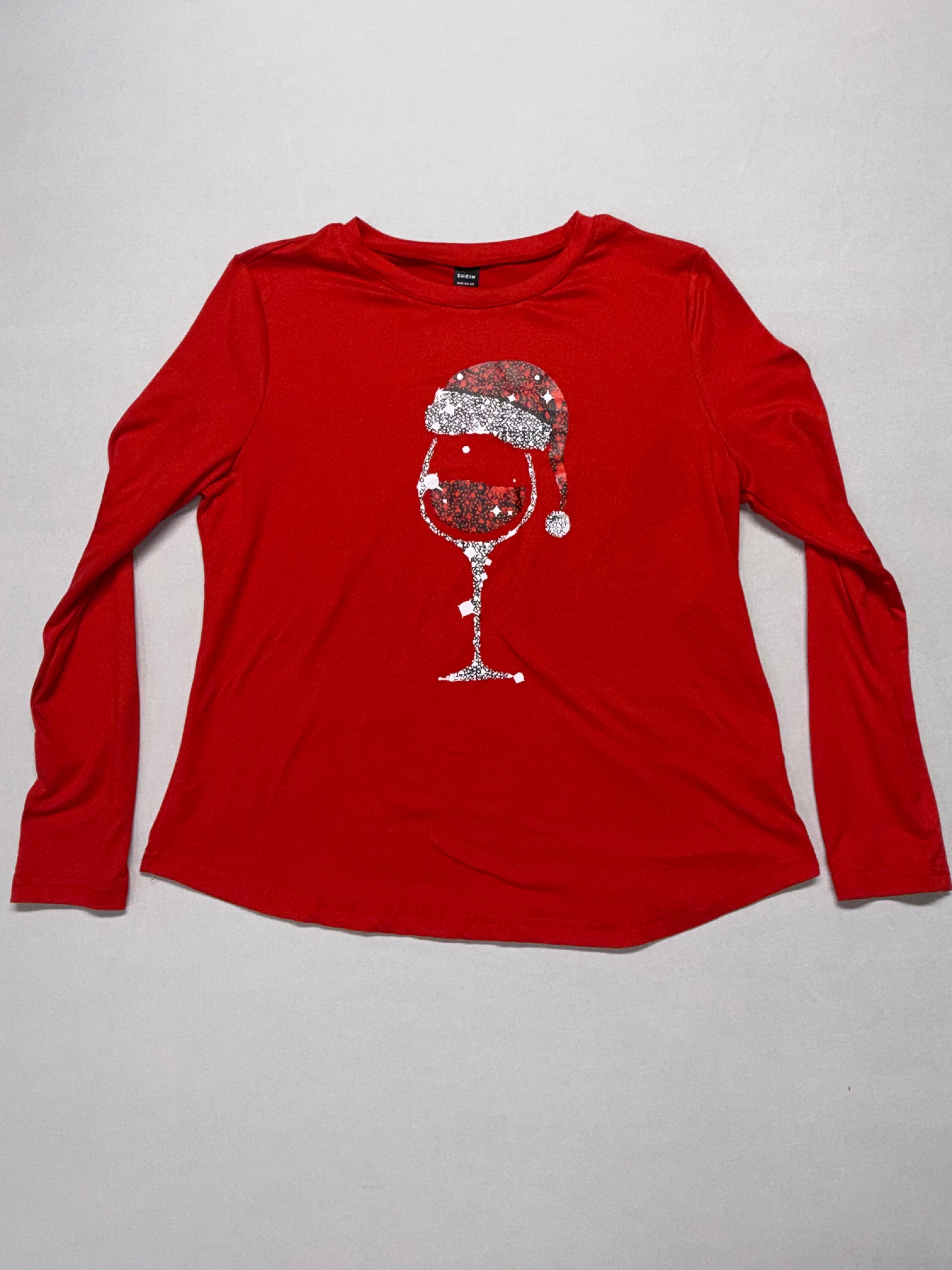 SHEIN Women's Christmas Shirt Medium Red Long Sleeve Santa Wine Glass Holiday Top M