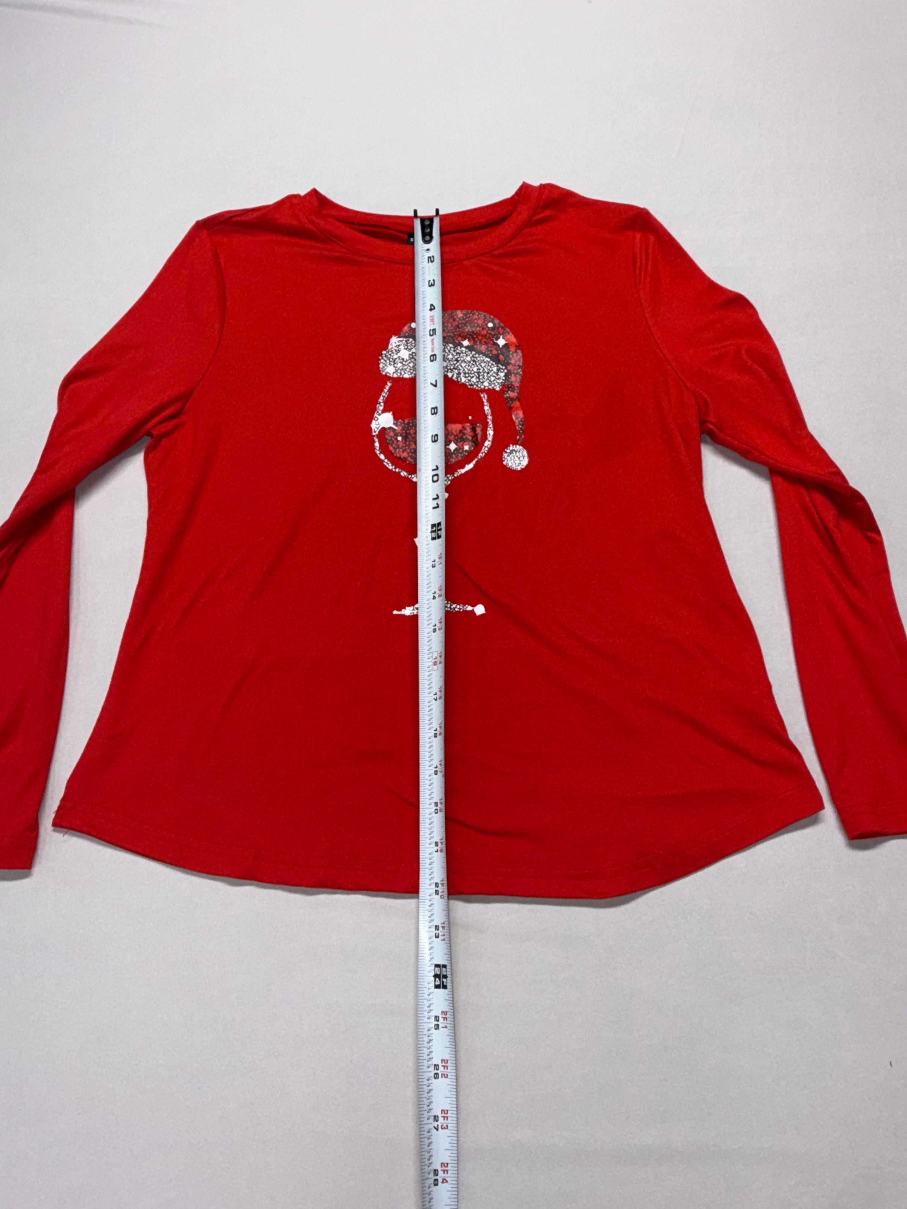 SHEIN Women's Christmas Shirt Medium Red Long Sleeve Santa Wine Glass Holiday Top M