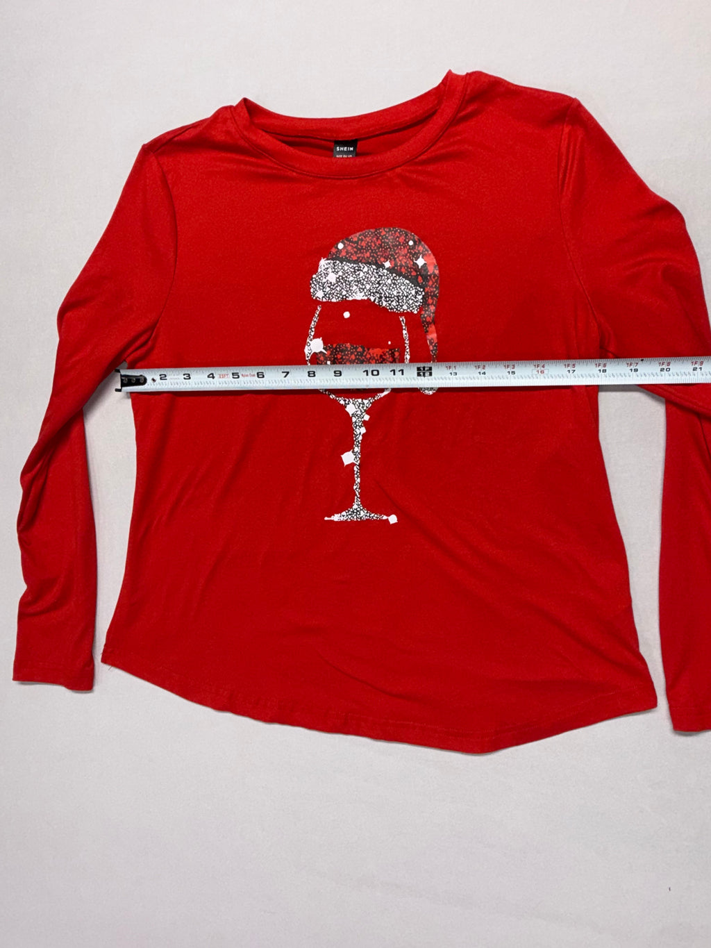 SHEIN Women's Christmas Shirt Medium Red Long Sleeve Santa Wine Glass Holiday Top M