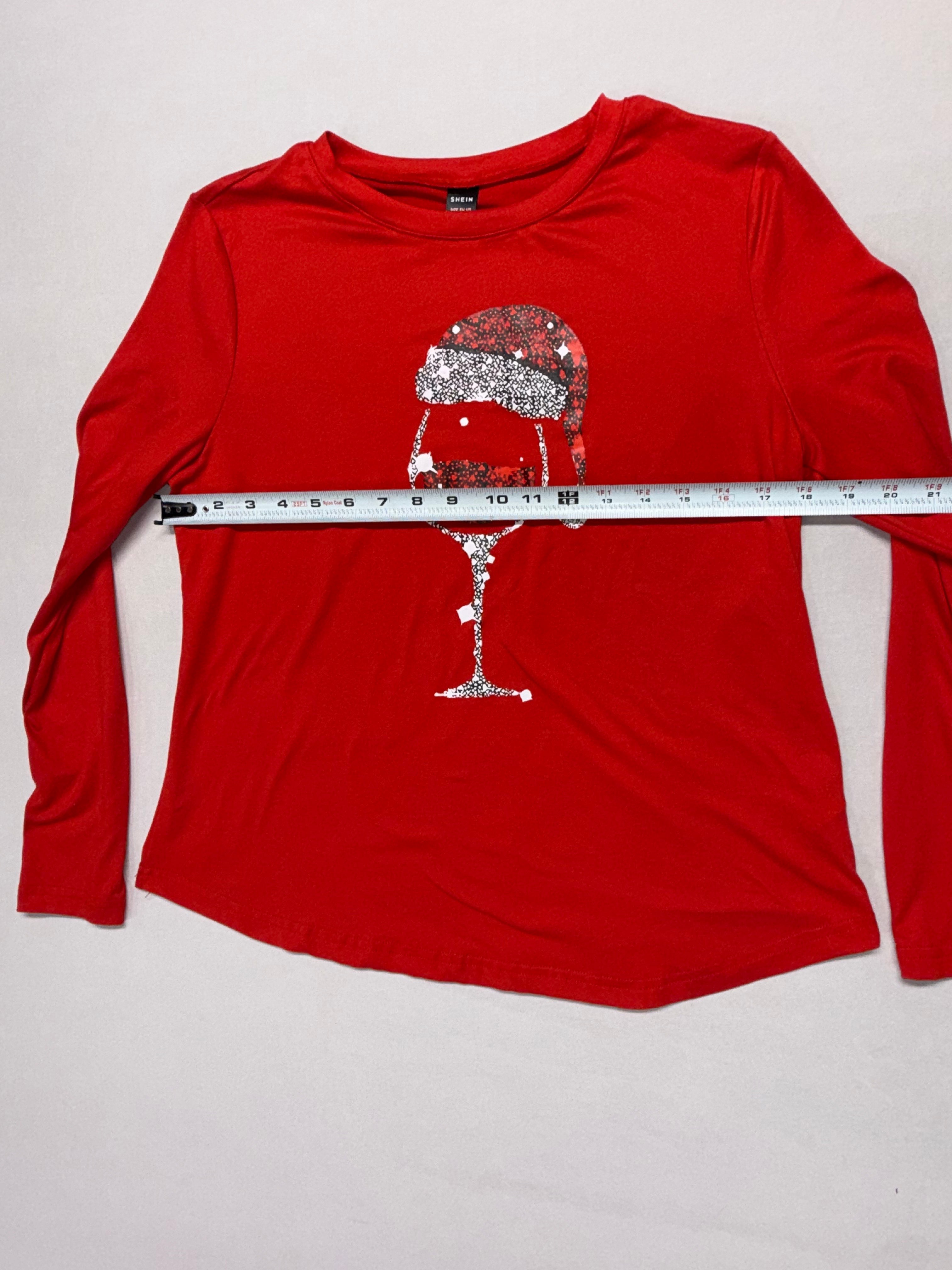 SHEIN Women's Christmas Shirt Medium Red Long Sleeve Santa Wine Glass Holiday Top M