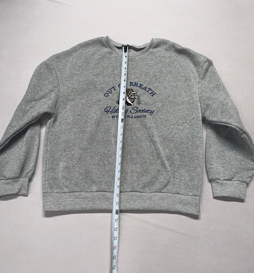 SHIEN Women's Large Gray Sweatshirt Out of Breath Hiking Society Graphic Crewneck L