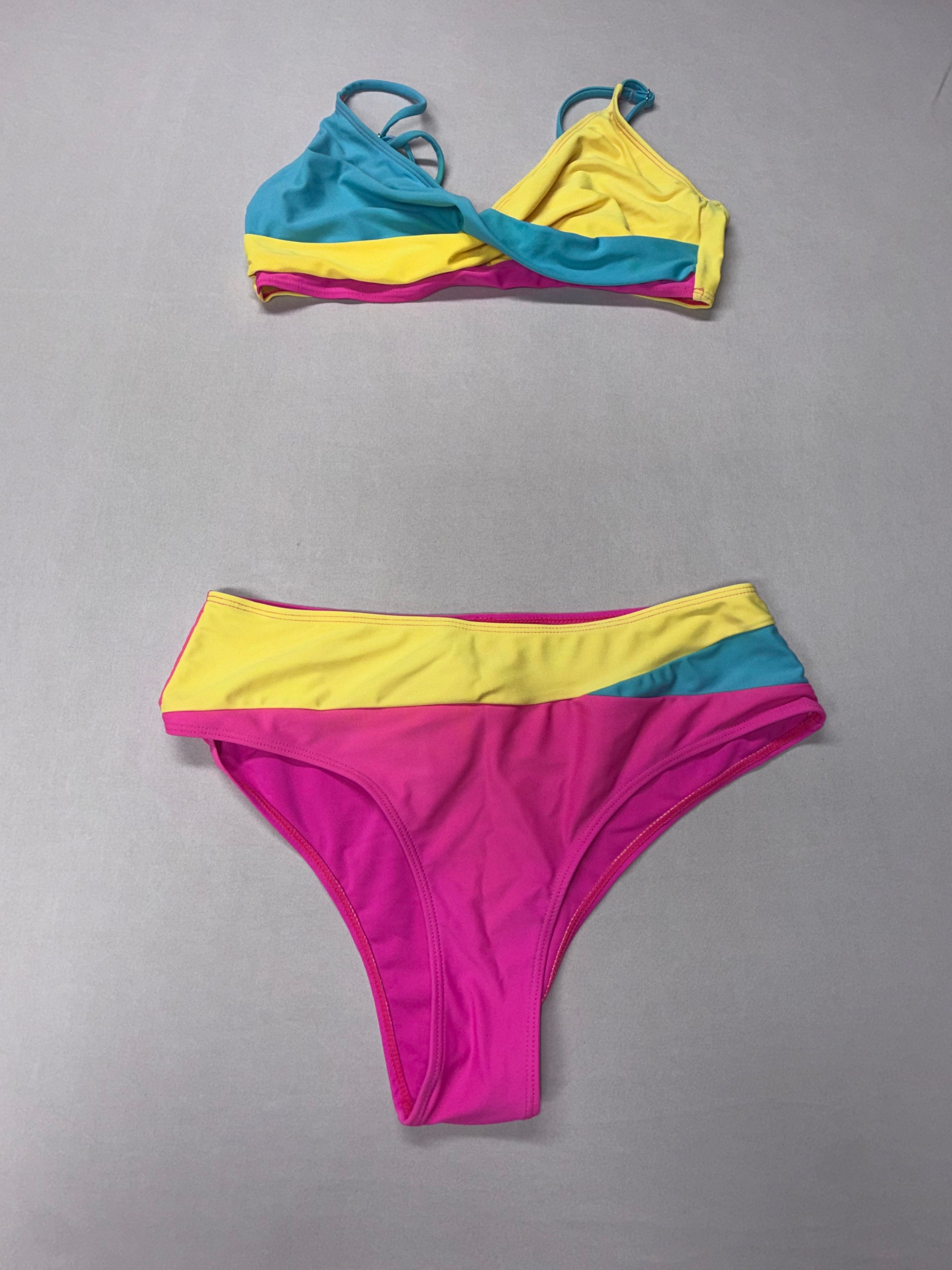Women's Color block Bikini Set Pink Yellow Blue Strappy Top Two Piece Swimsuit Size S Used