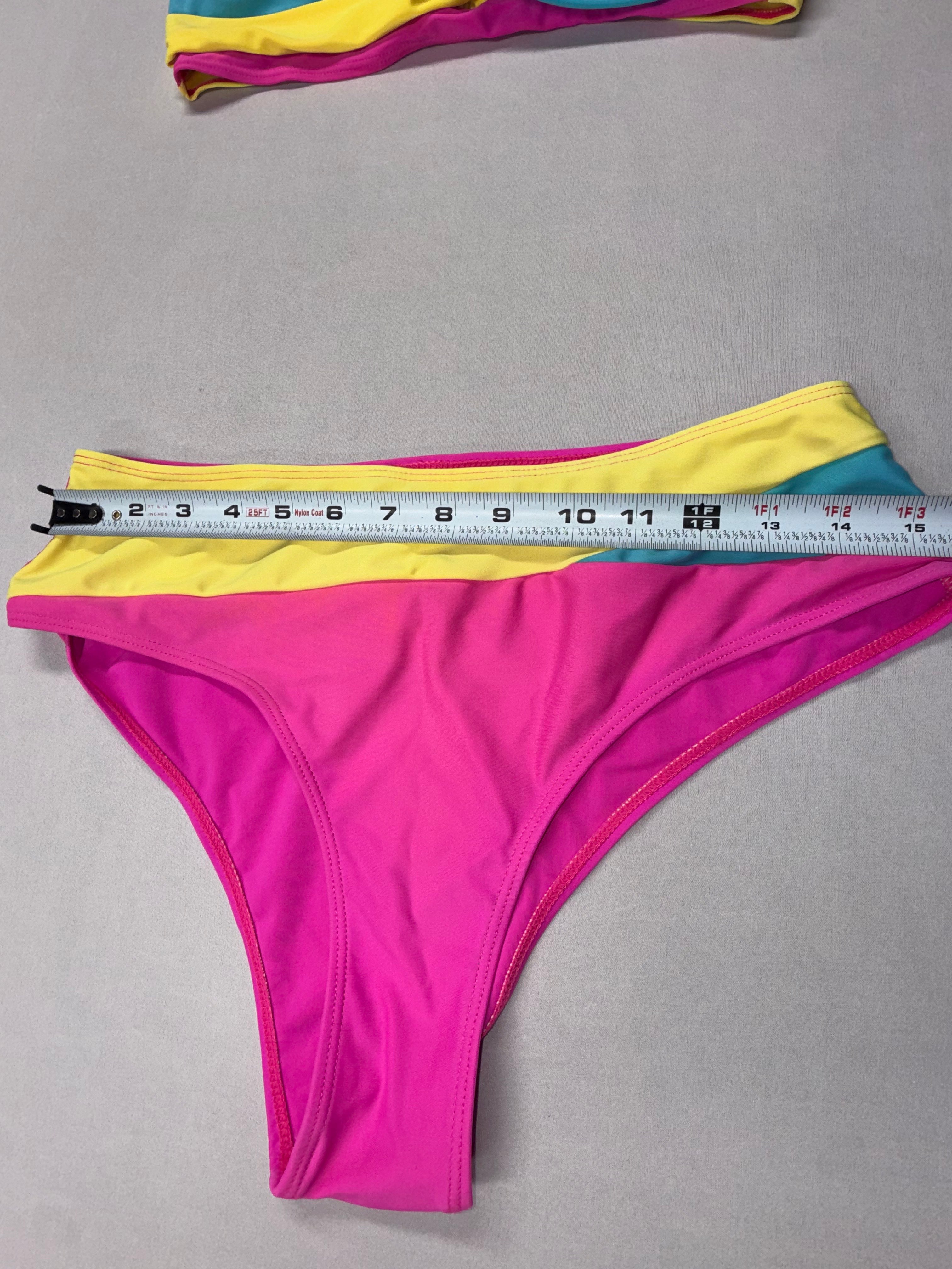 Women's Color block Bikini Set Pink Yellow Blue Strappy Top Two Piece Swimsuit Size S Used