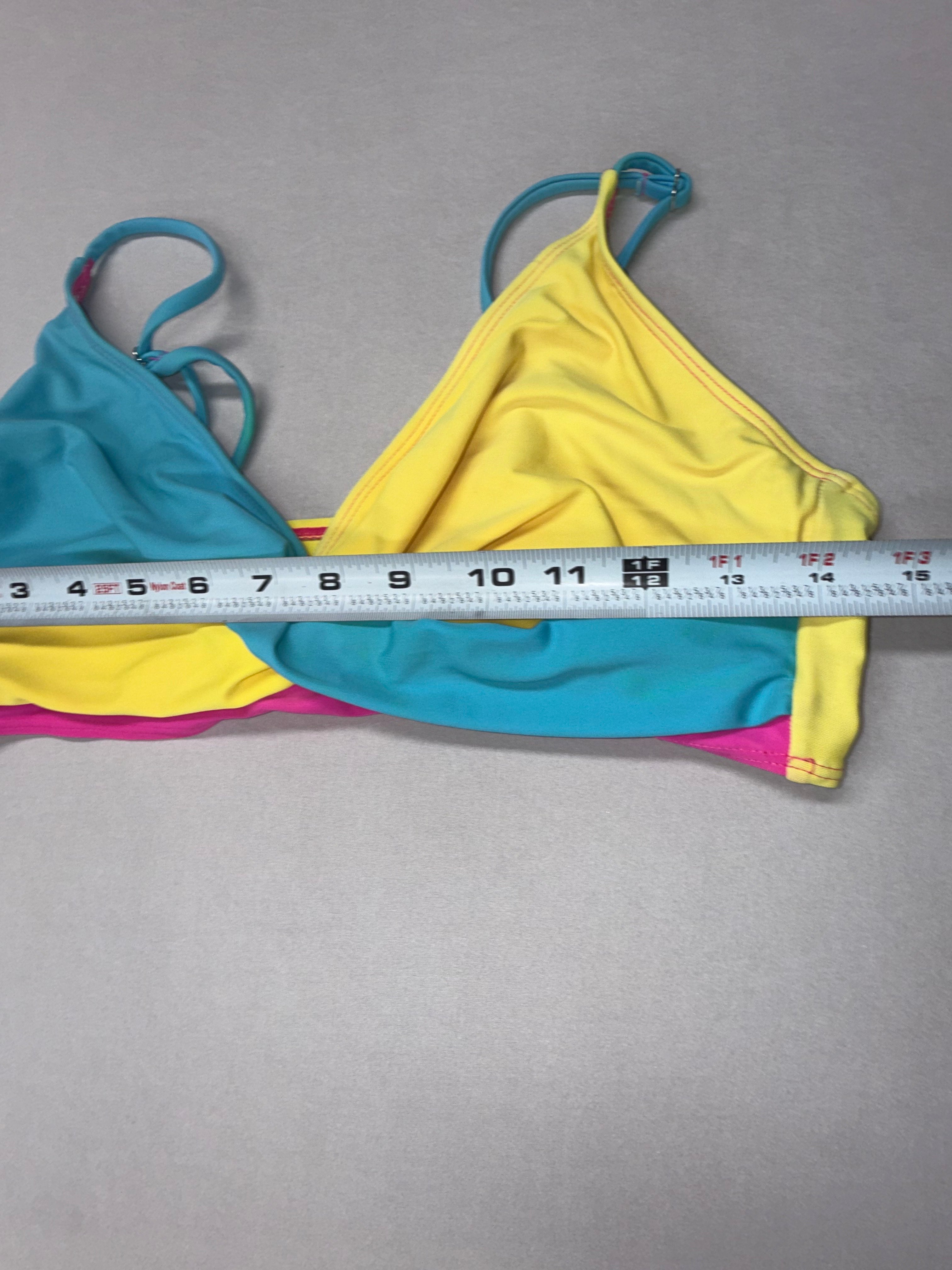 Women's Color block Bikini Set Pink Yellow Blue Strappy Top Two Piece Swimsuit Size S Used