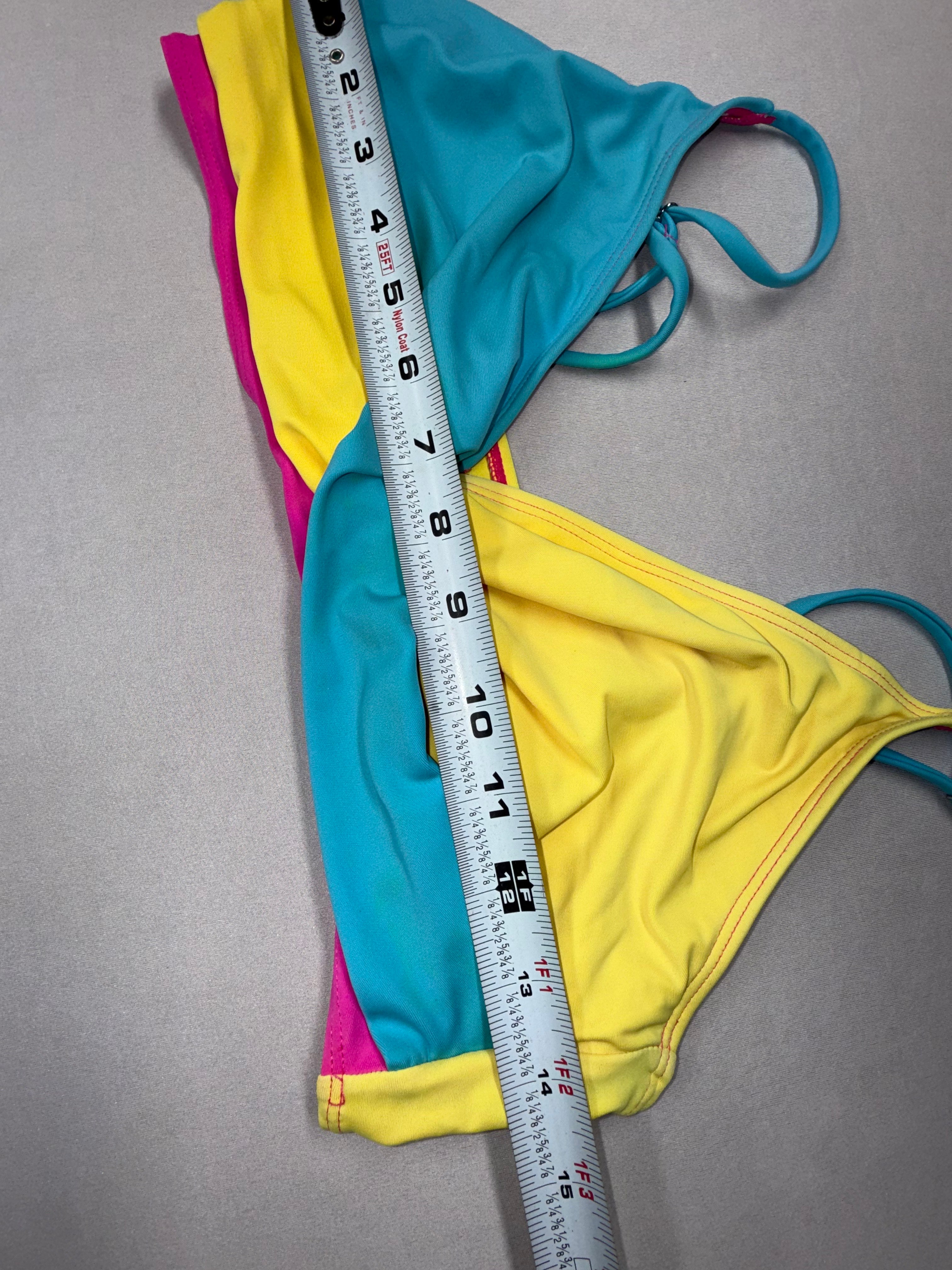 Women's Color block Bikini Set Pink Yellow Blue Strappy Top Two Piece Swimsuit Size S Used