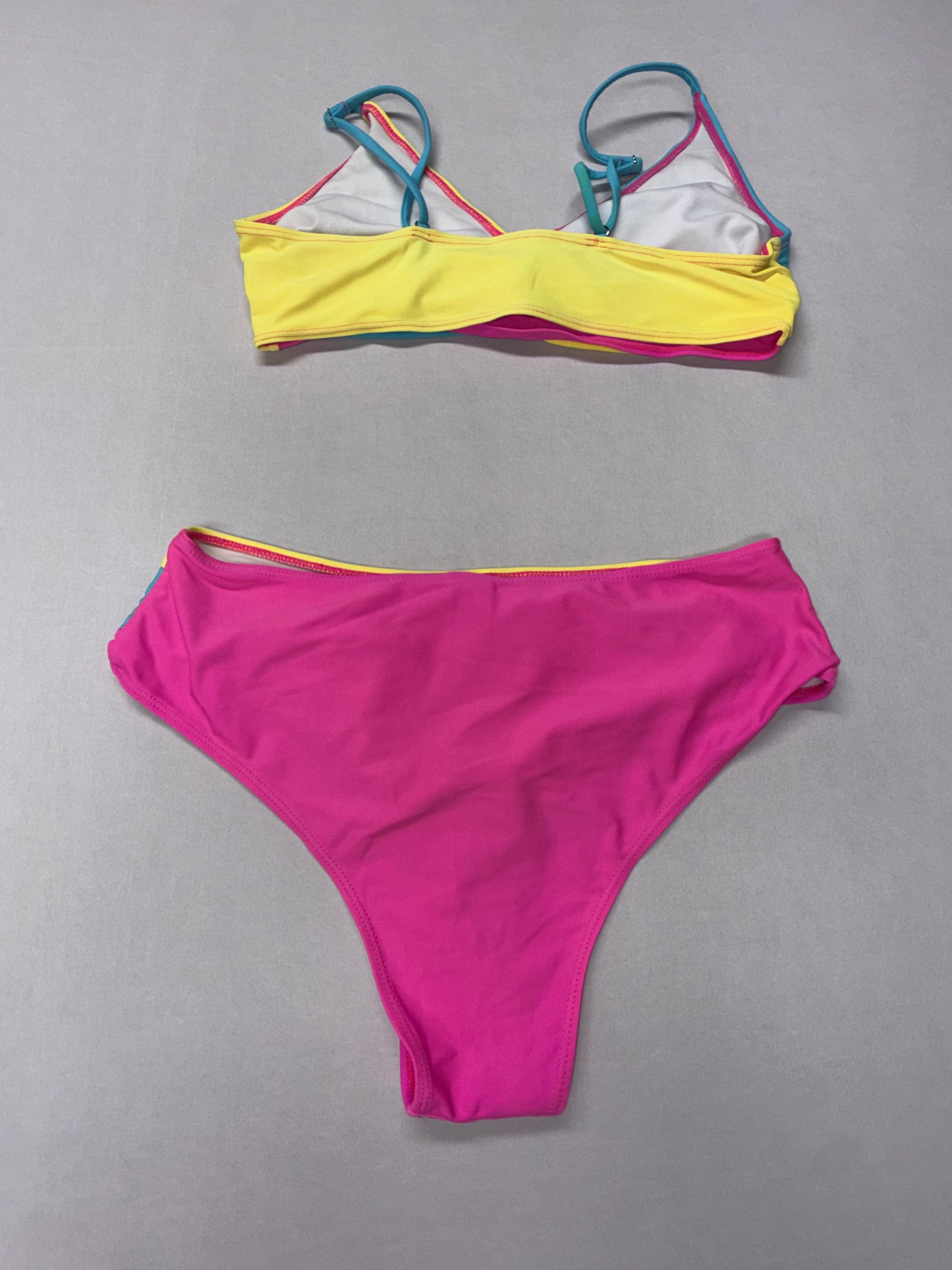 Women's Color block Bikini Set Pink Yellow Blue Strappy Top Two Piece Swimsuit Size S Used