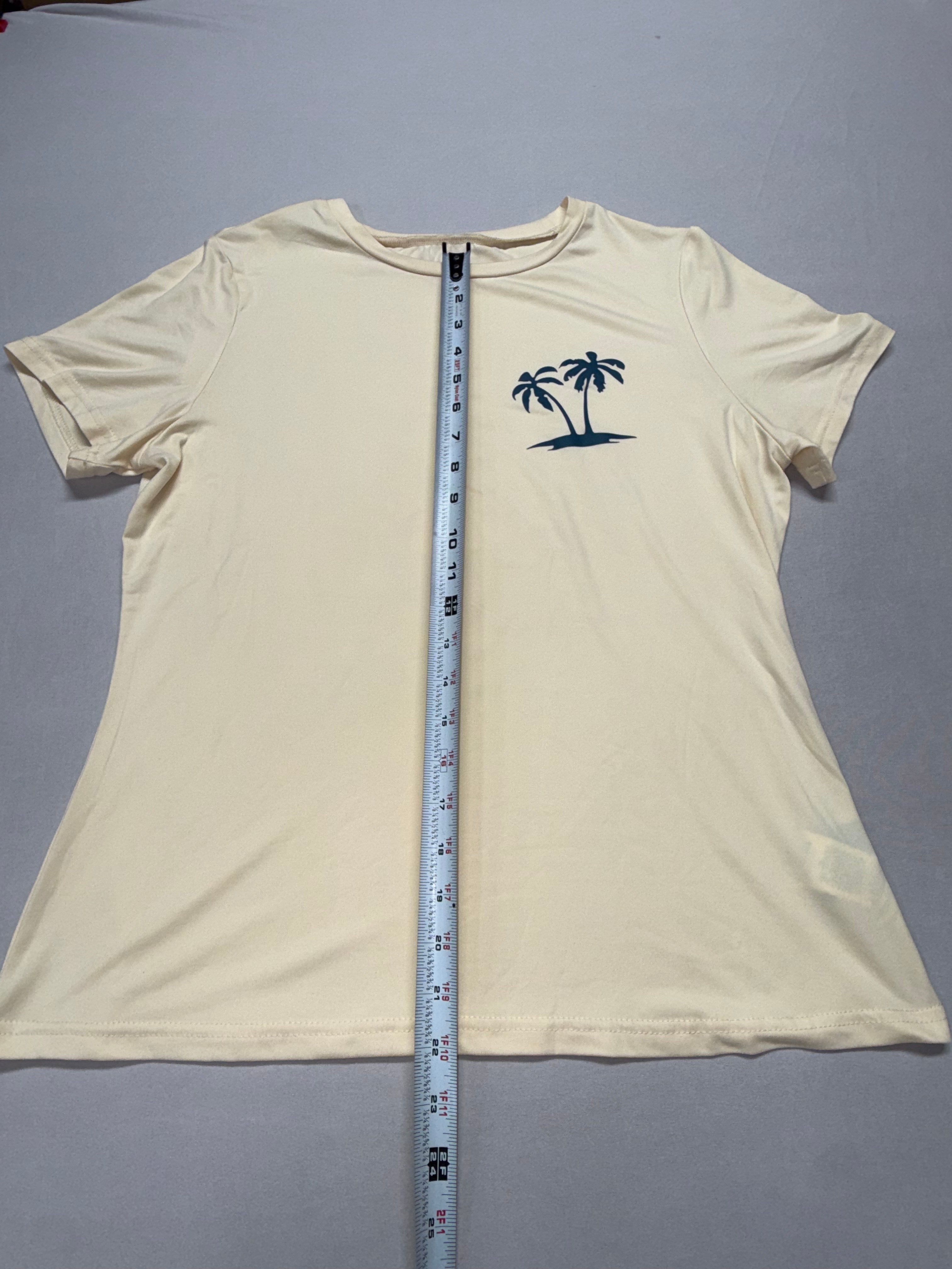 SHEIN Forever Chasing Sunsets Graphic Tee Women's Large Yellow Palm Tree Shirt Casual Summer Top